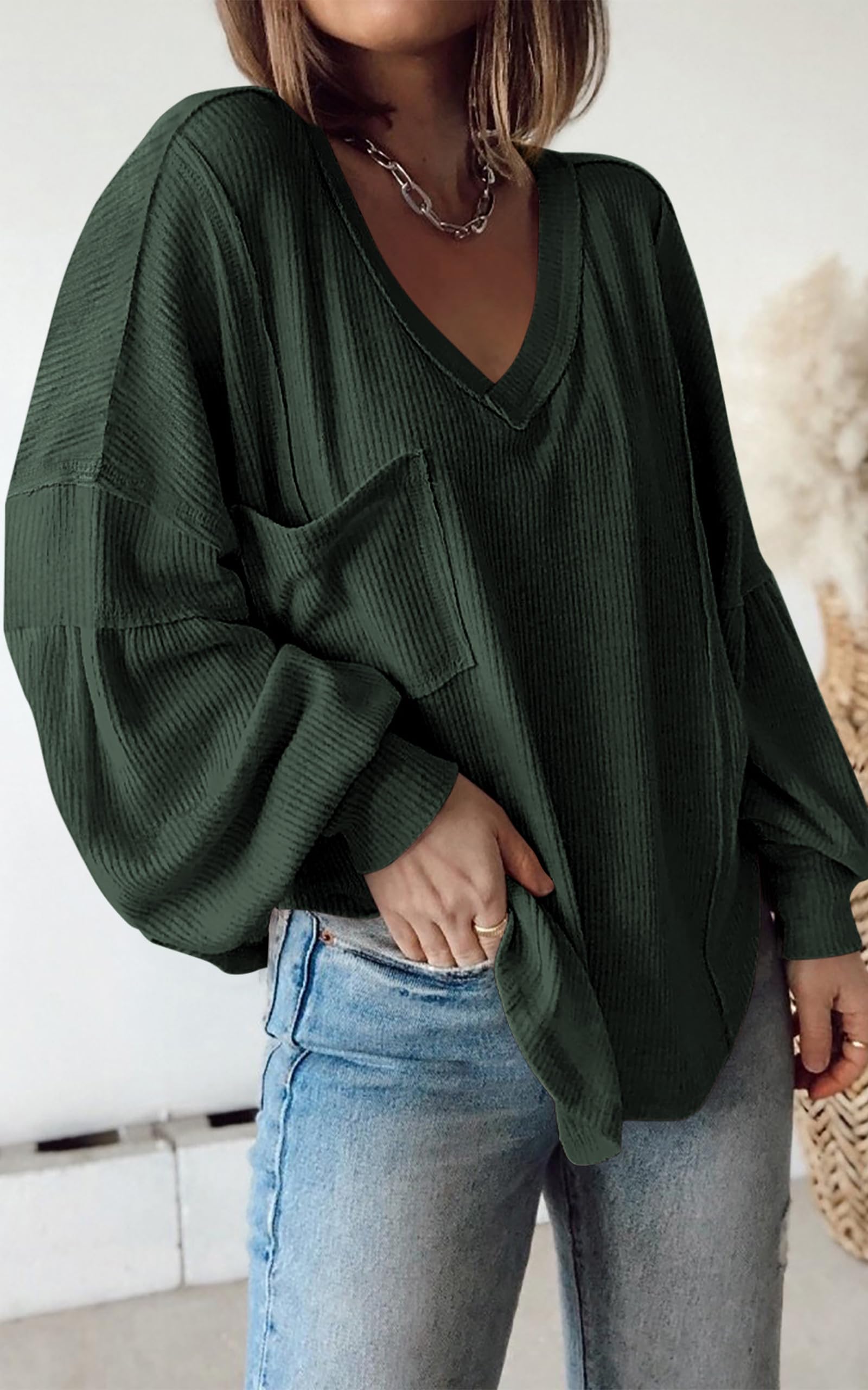 FreshPretty Womens Fall Fashion Long Sleeve Shirts Casual V Neck Ribbed Knit Blouses Pullover Trendy Loose Fit Tunic Tops