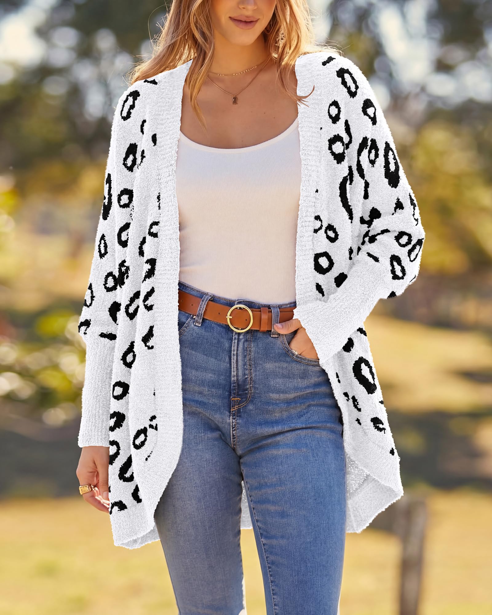 BTFBM Leopard Cardigan for Women Long Sleeve Open Front Cardigans Sweaters Pockets Loose Knit Fall Spring Outwear