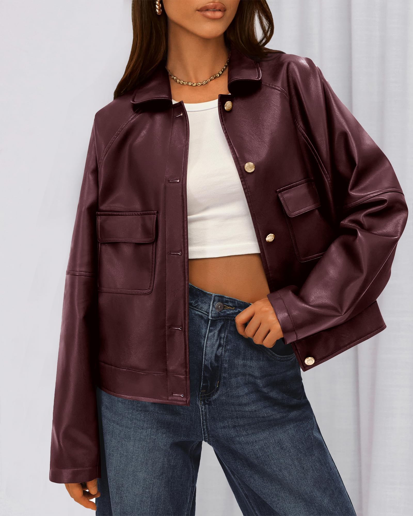 FreshPretty Leather Jacket Women Fall Clothes Long Sleeve Button Down Winter Coats Oversized Motorcycle Outwear