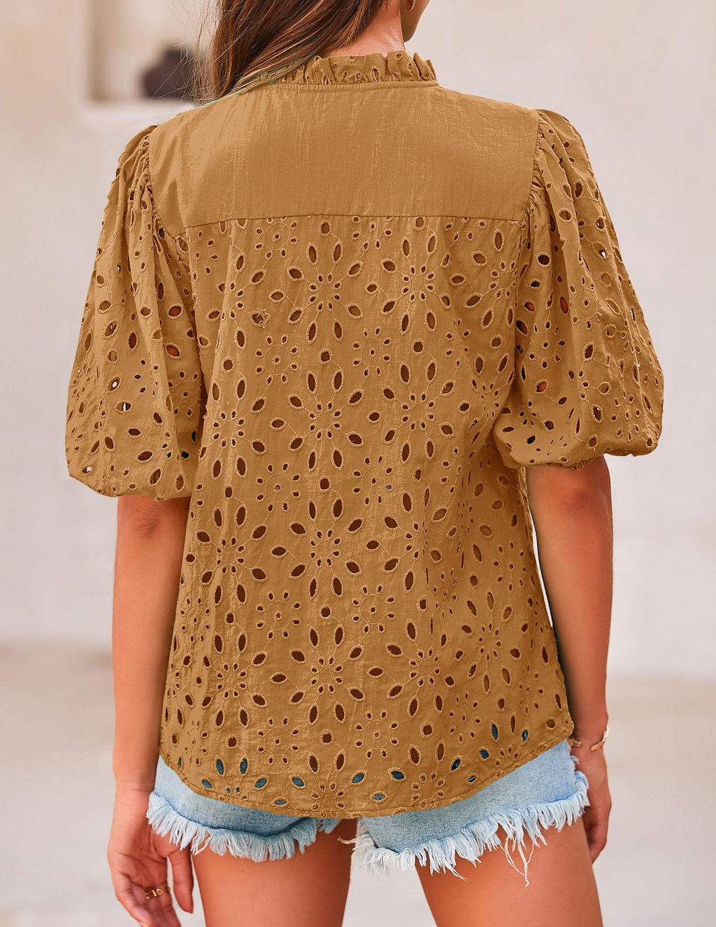 PRETTYGARDEN Women's Summer Tops Dressy Casual Short Sleeve V Neck Buttons Hollow Out Lace Embroidered Blouses Shirts