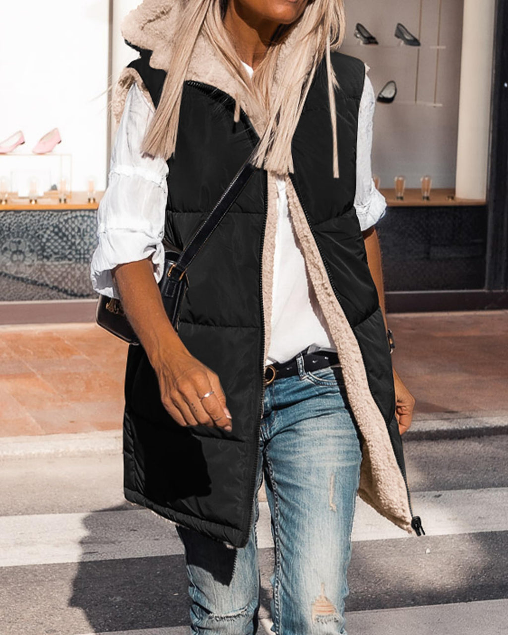 BTFBM Long Puffer Vest Women Fleece Sherpa Jacket Sleeveless Hooded Reversible Zip Up Winter Coat Fall Vests Outerwear