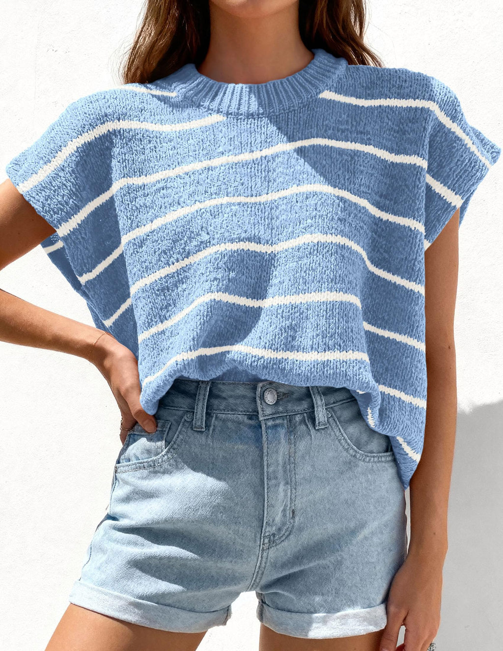 PRETTYGARDEN Womens Summer Short Sleeve Tops Trendy Crew Neck Striped Knit Sweater Business Casual Spring Clothes