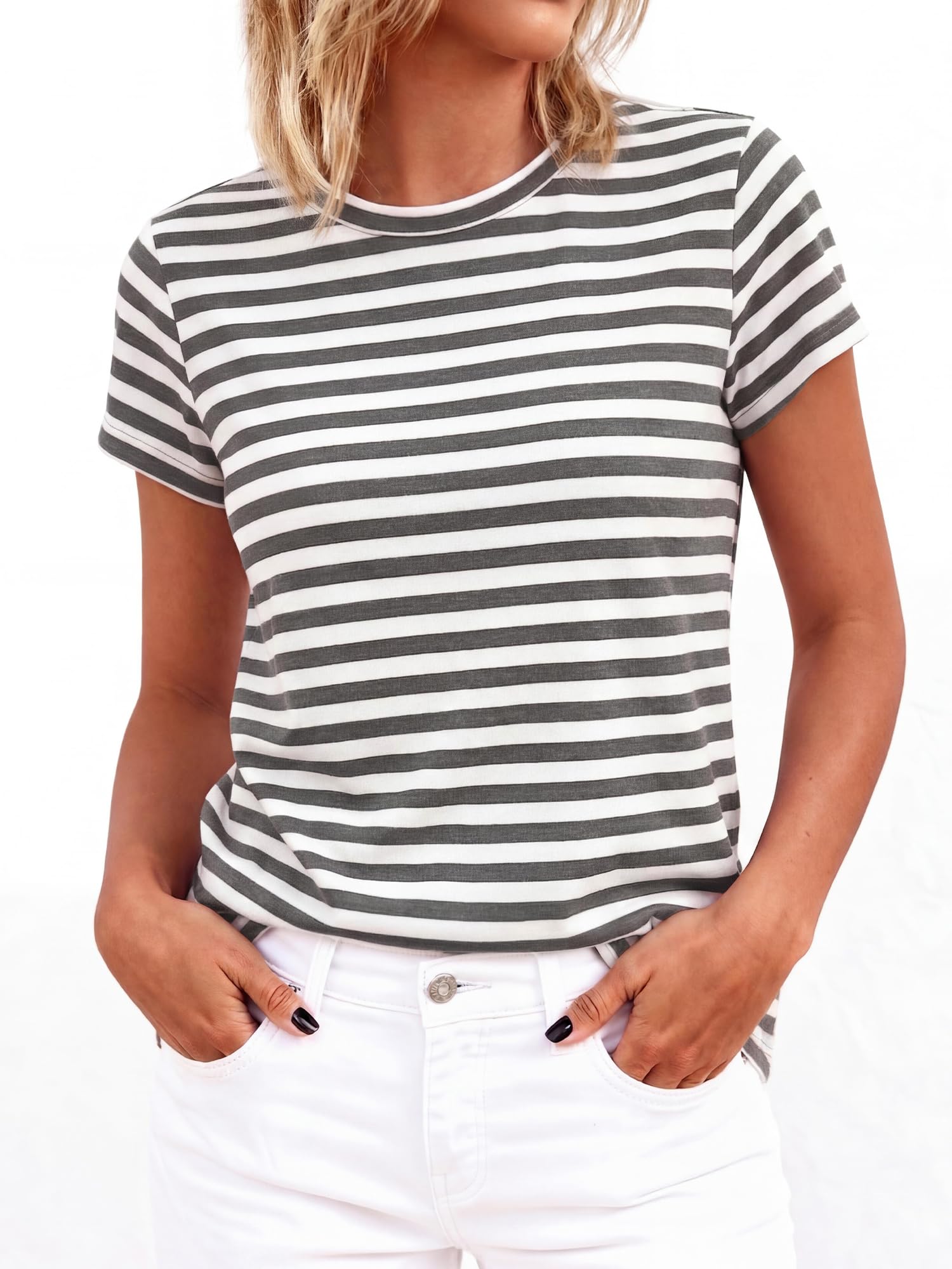BTFBM Tops for Women Trendy Summer Crew Neck Short Sleeve T Shirts Striped Casual Vacation Blouse Basic Tee