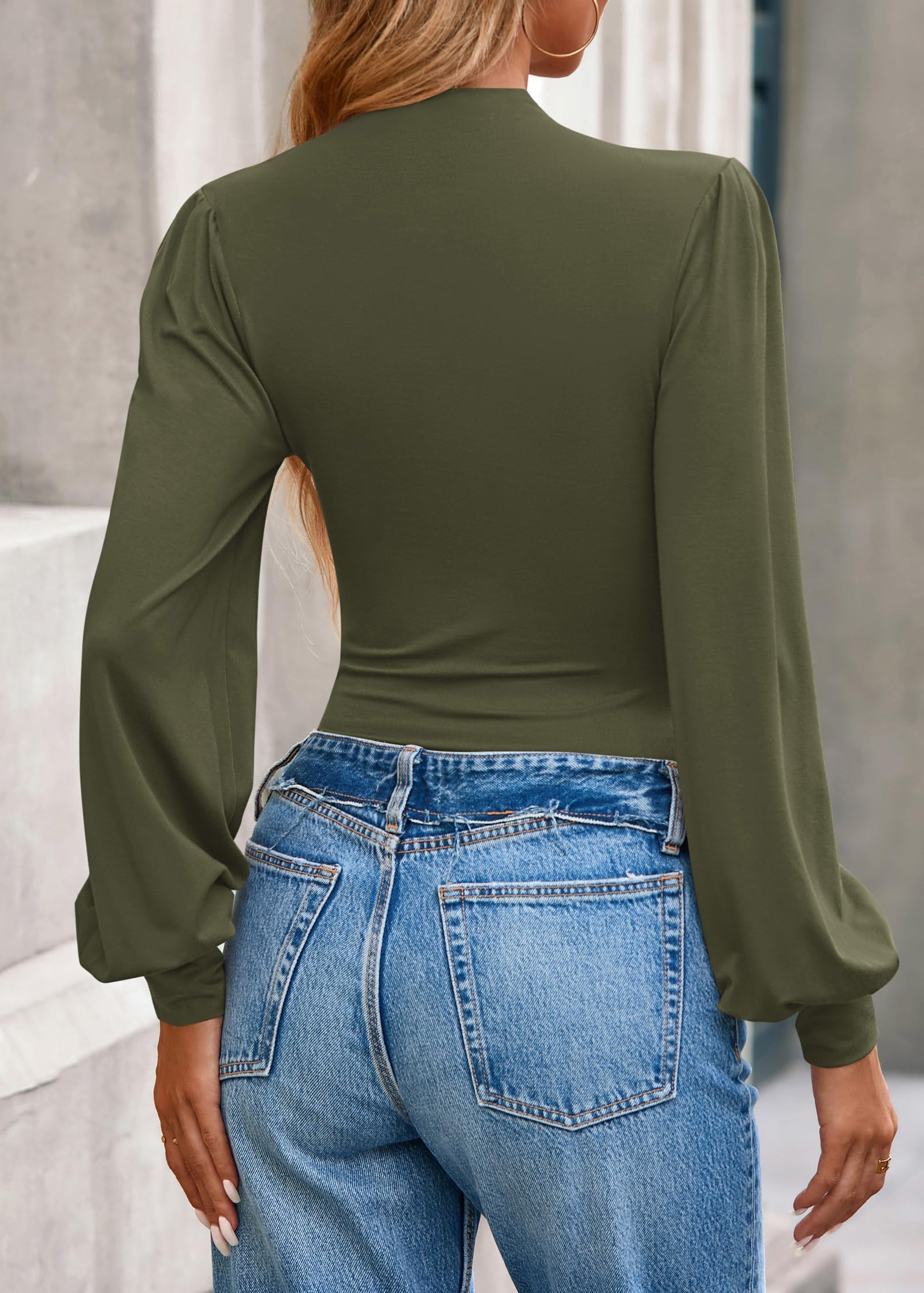 FreshPretty Blouses for Women Dressy Casual Spring Tops Fall Puff Long Sleeve Shirts Fitted Mock Neck Ruched Trendy Tops