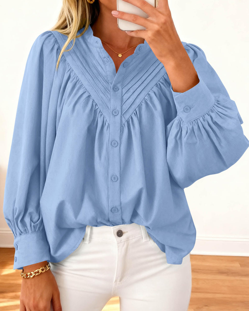 FreshPretty Blouses for Women Dressy Casual Fashion Clothing Long Sleeve Shirts Loose Fit Button Down Pleated Boho Going Out Tops