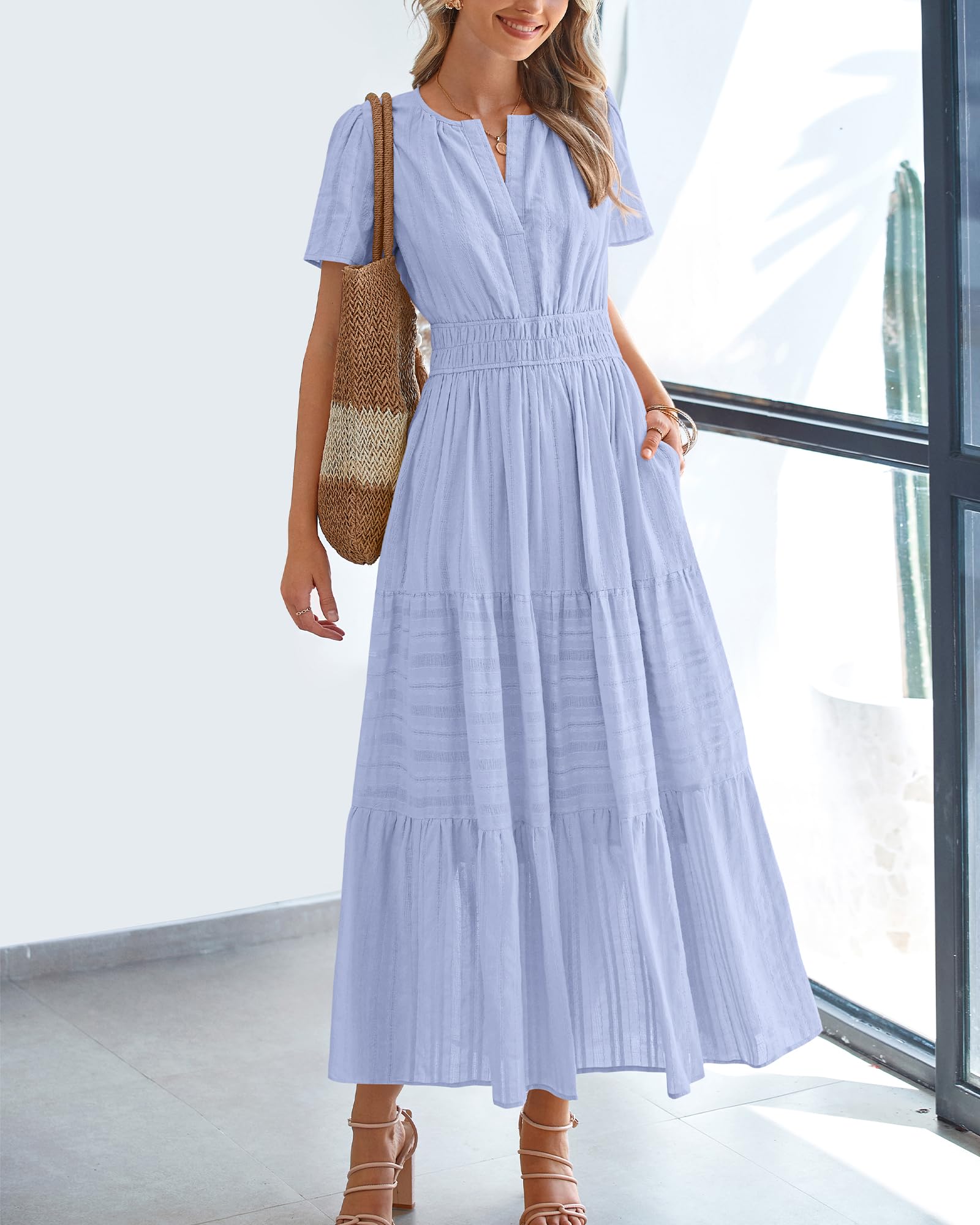 FreshPretty Womens Summer Casual Midi Maxi Dresses Lightweight Short Sleeve V Neck Elastic Waist Boho Beach Dress Pockets