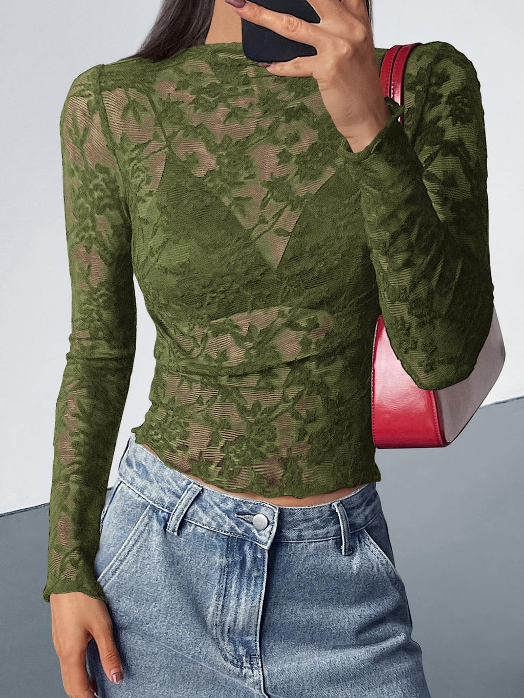 FreshPretty Mesh Long Sleeve Tops for Women Lace Sexy Sheer Tight See Through Crew Neck Spring Fall Party Club Outfits