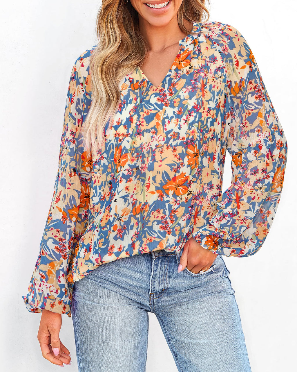 BTFBM Blouses for Women Dressy Casual Floral Summer Boho Tops V Neck Lightweight Long Sleeve Shirts Spring Clothes