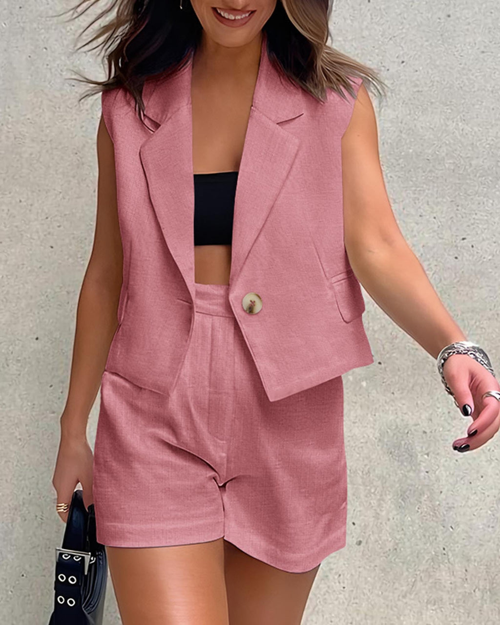 FreshPretty 2 Piece Sets for Women Summer Outfits Business Casual Vest and Shorts Set Lightweight Sleeveless Matching Clothes