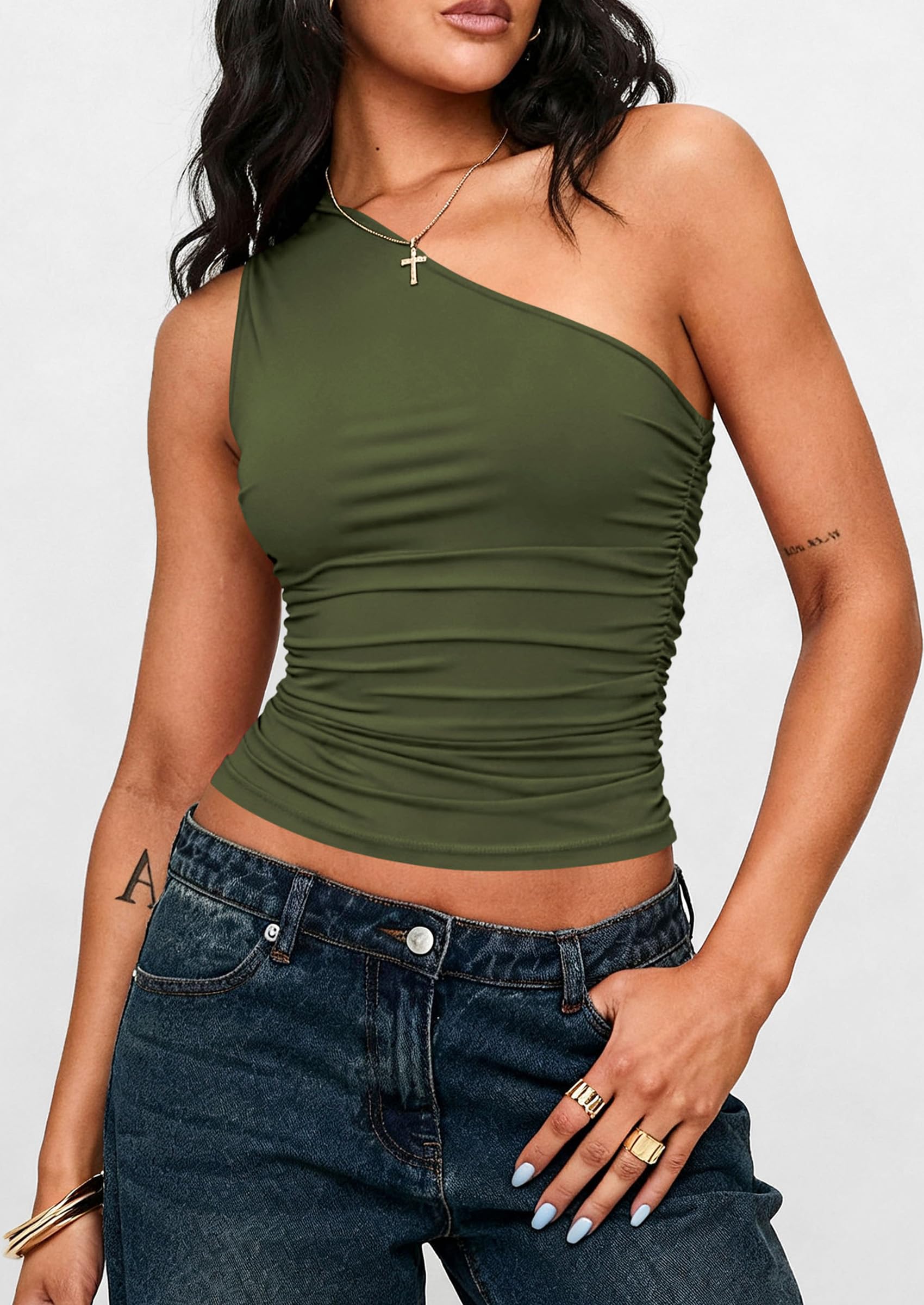 PRETTYGARDEN Womens Sleeveless One Shoulder Tank Top Ruched Slim Fit Shirts Basic Crop Y2k Tops  Spring Fashion Clothing
