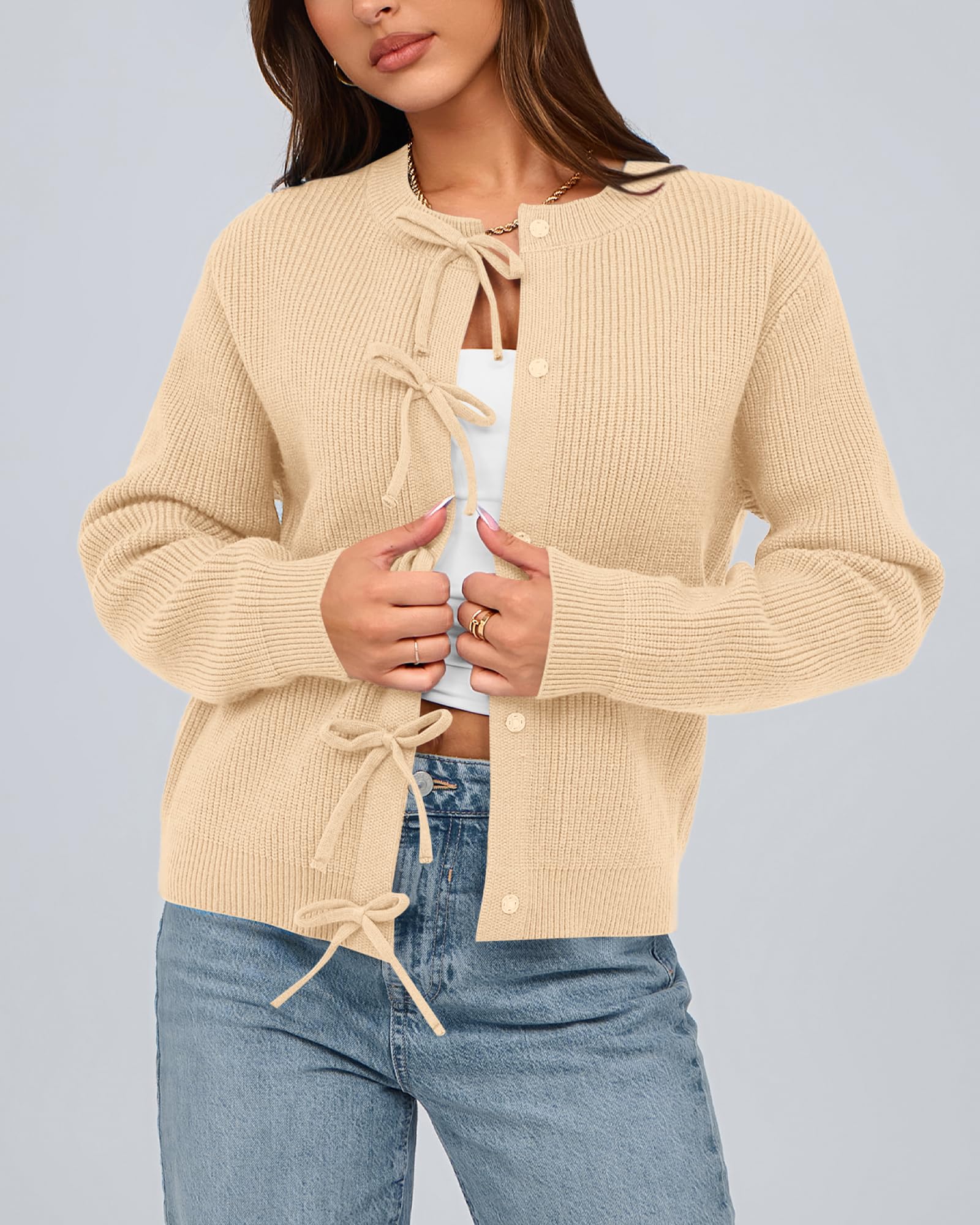 BTFBM Bow Cropped Cardigan Sweaters for Women Fall Winter Open Front Sweater Long Sleeve Button Fashion Spring Clothes