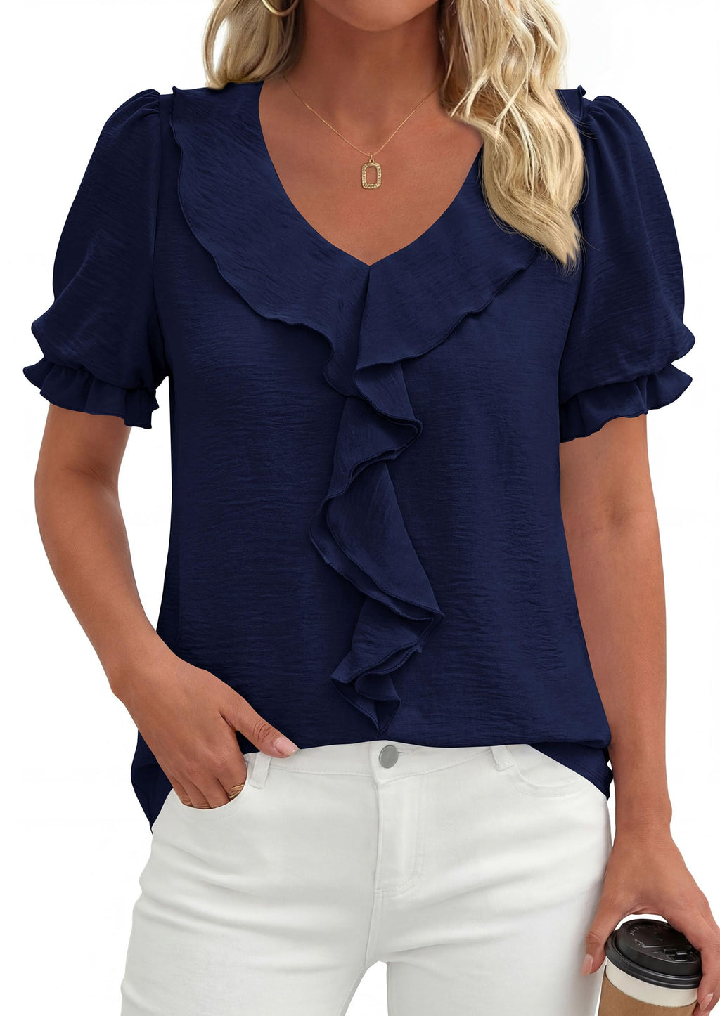 PRETTYGARDEN Women's Summer Dressy Casual Blouses Short Sleeve V Neck Ruffle Business Work Tops Trendy Spring Outfits
