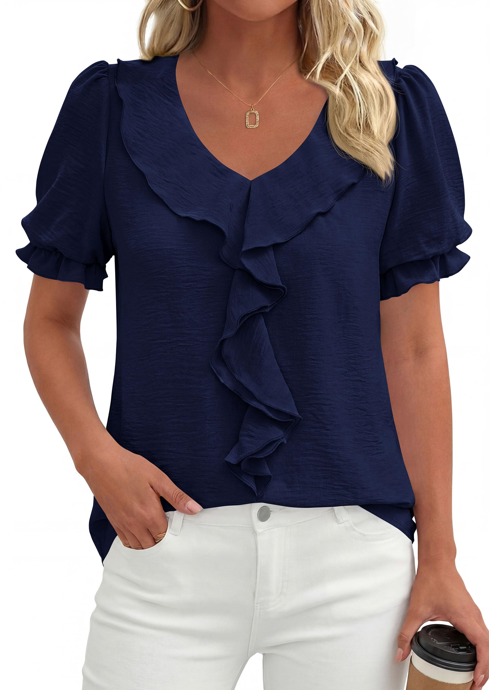 PRETTYGARDEN Women's Summer Dressy Casual Blouses Short Sleeve V Neck Ruffle Business Work Tops Trendy Spring Outfits