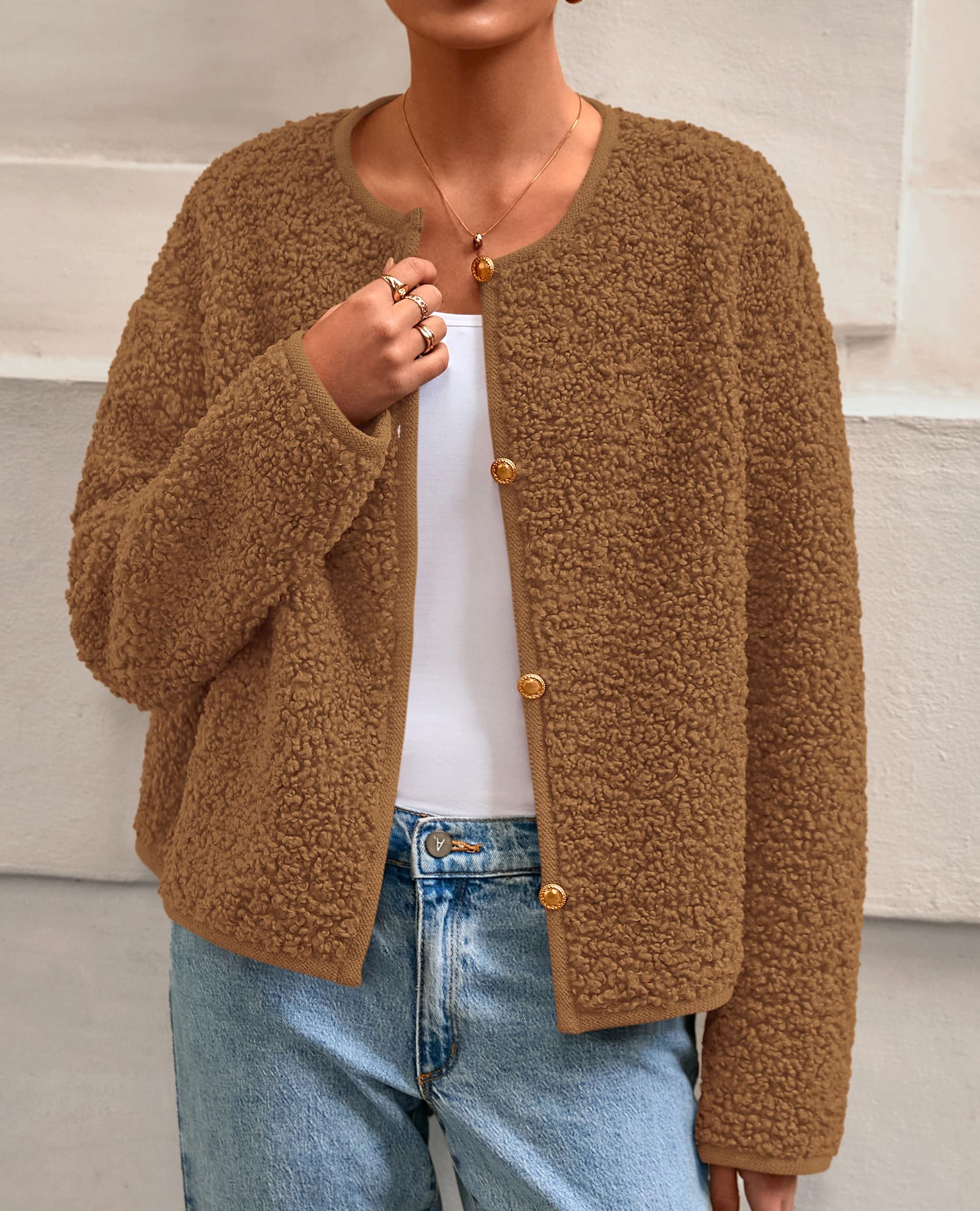 PRETTYGARDEN Women's Fall Fashion Clothes Trendy Fleece Sherpa Cropped Jackets Buttons Warm Casual Winter Faux Fur Coats