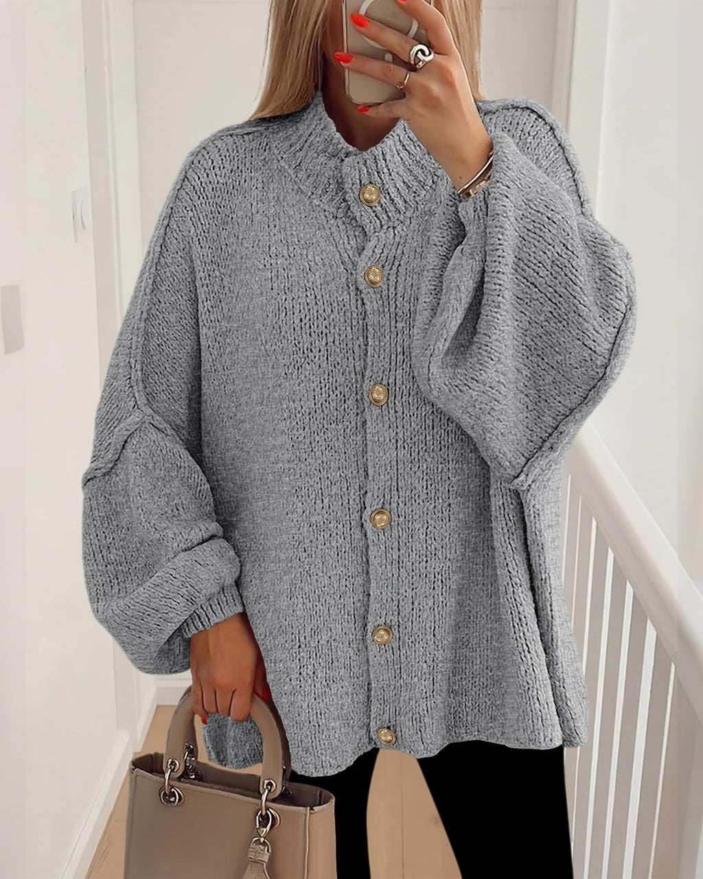 FreshPretty Cardigan Sweaters for Women Fall Clothes Lantern Long Sleeve Button Open Front Chunky Knit Oversized Sweater