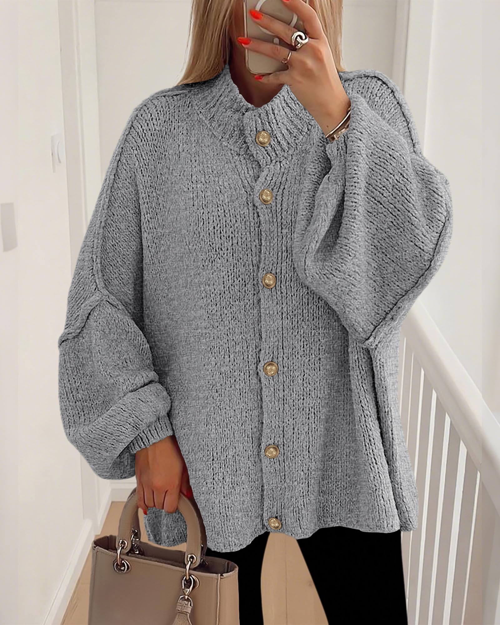 FreshPretty Cardigan Sweaters for Women Fall Clothes Lantern Long Sleeve Button Open Front Chunky Knit Oversized Sweater