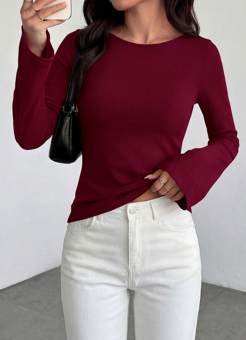 BTFBM Long Sleeve Shirts for Women Spring Y2K Clothes Casual Boat Neck Bell Sleeve Fitted Fall Going Out Tops