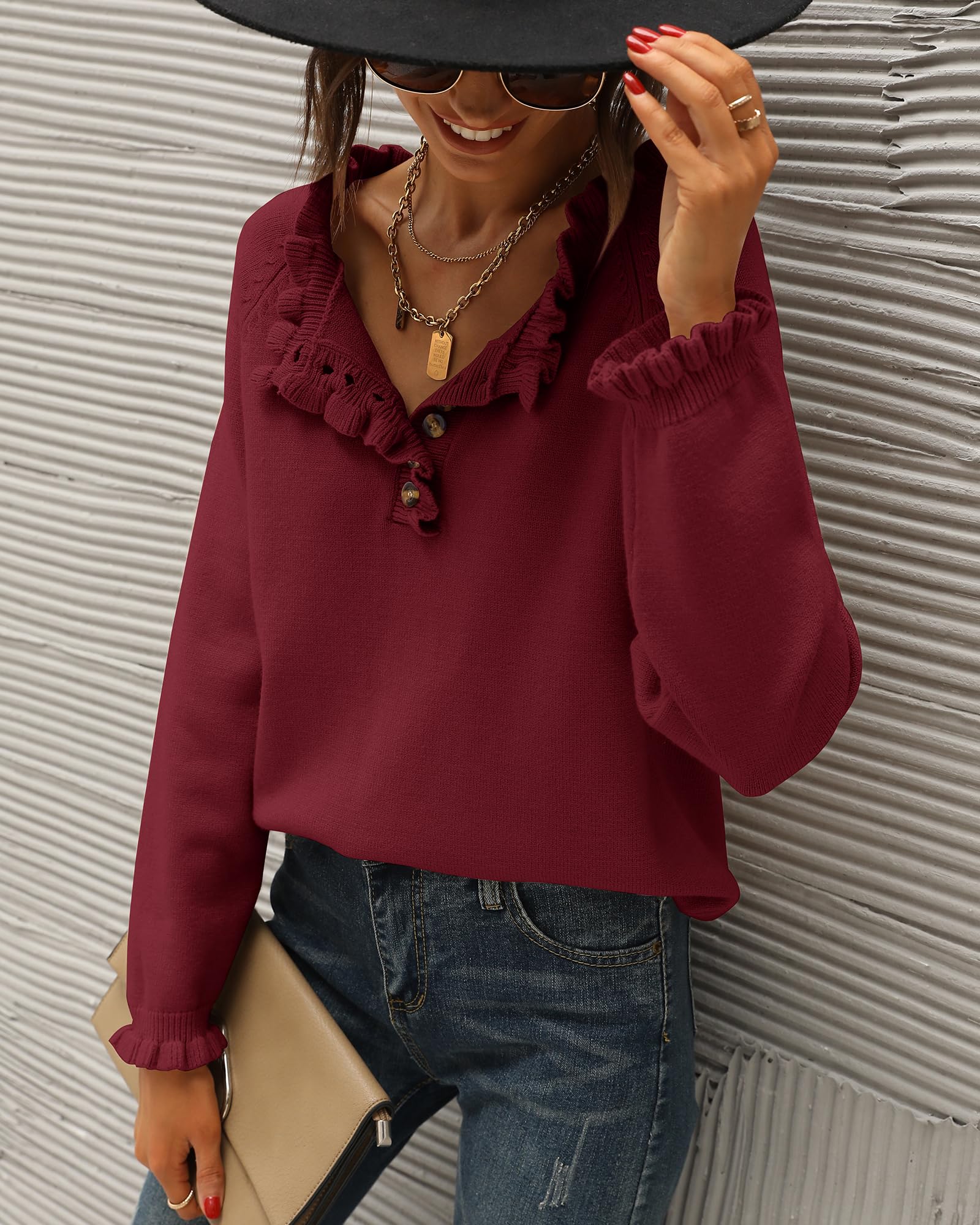 FreshPretty Womens Sweaters Fall Winter Clothes Long Sleeve Button Down Ruffle Crew Neck Casual Knitted Pullover Tops