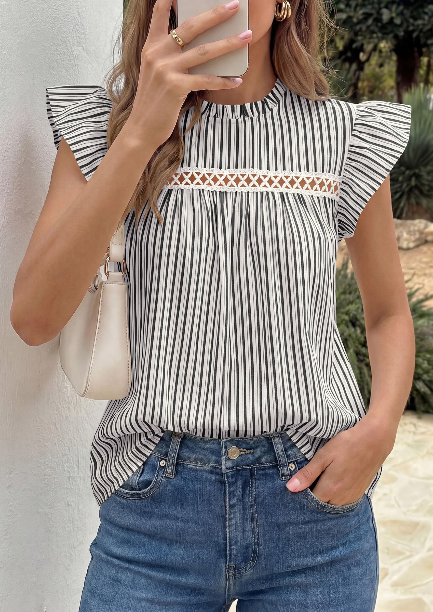 PRETTYGARDEN Striped Shirt Womens Summer Tops  Spring Business Casual Work Dressy Crochet Lace Ruffle Cap Sleeve Blouse
