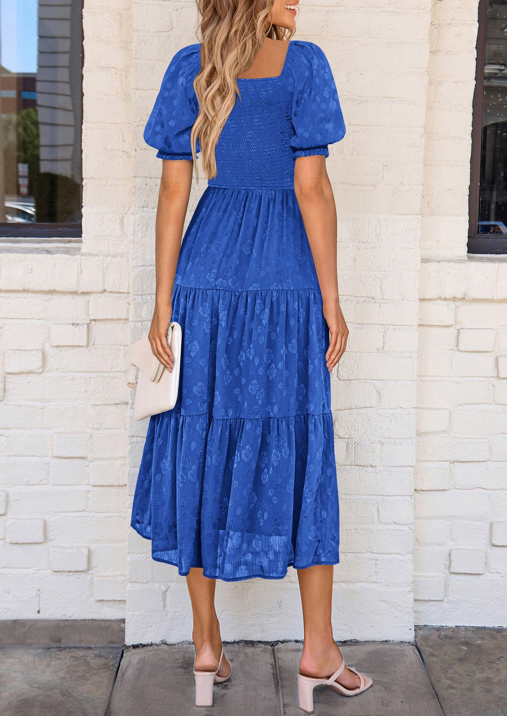 PRETTYGARDEN Women's Summer Casual Midi Dresses Square Neck Short Sleeve Smocked A Line Floral Flowy Elegant Boho Dress
