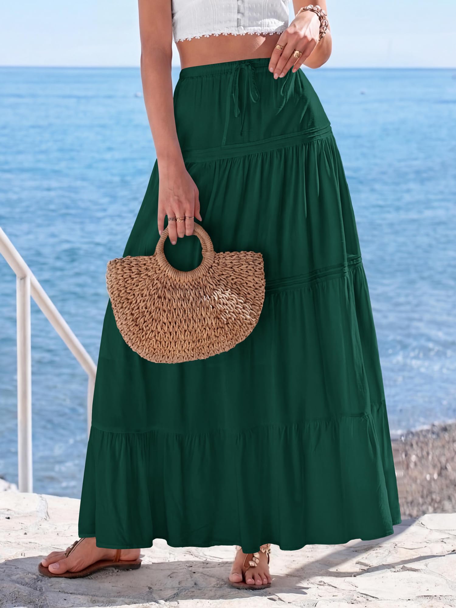 BTFBM Spring Skirts for Women Summer Boho Beach Vacation Clothes Casual Pleated High Waisted Flowy Maxi Skirt