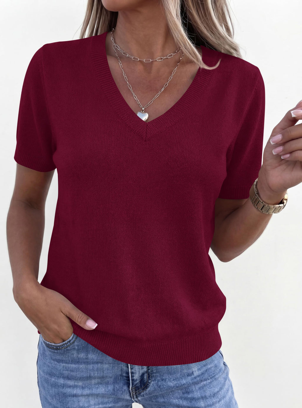 PRETTYGARDEN Womens Short Sleeve Sweater V Neck Trendy Pullover Tops Summer Spring Loose Lightweight Casual Blouse
