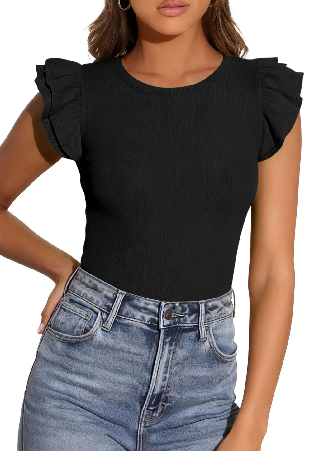 PRETTYGARDEN Womens Summer Crew Neck T Shirts Trendy Ruffle Sleeve Slim Fit Knit Going Out Tops Casual Spring Clothes