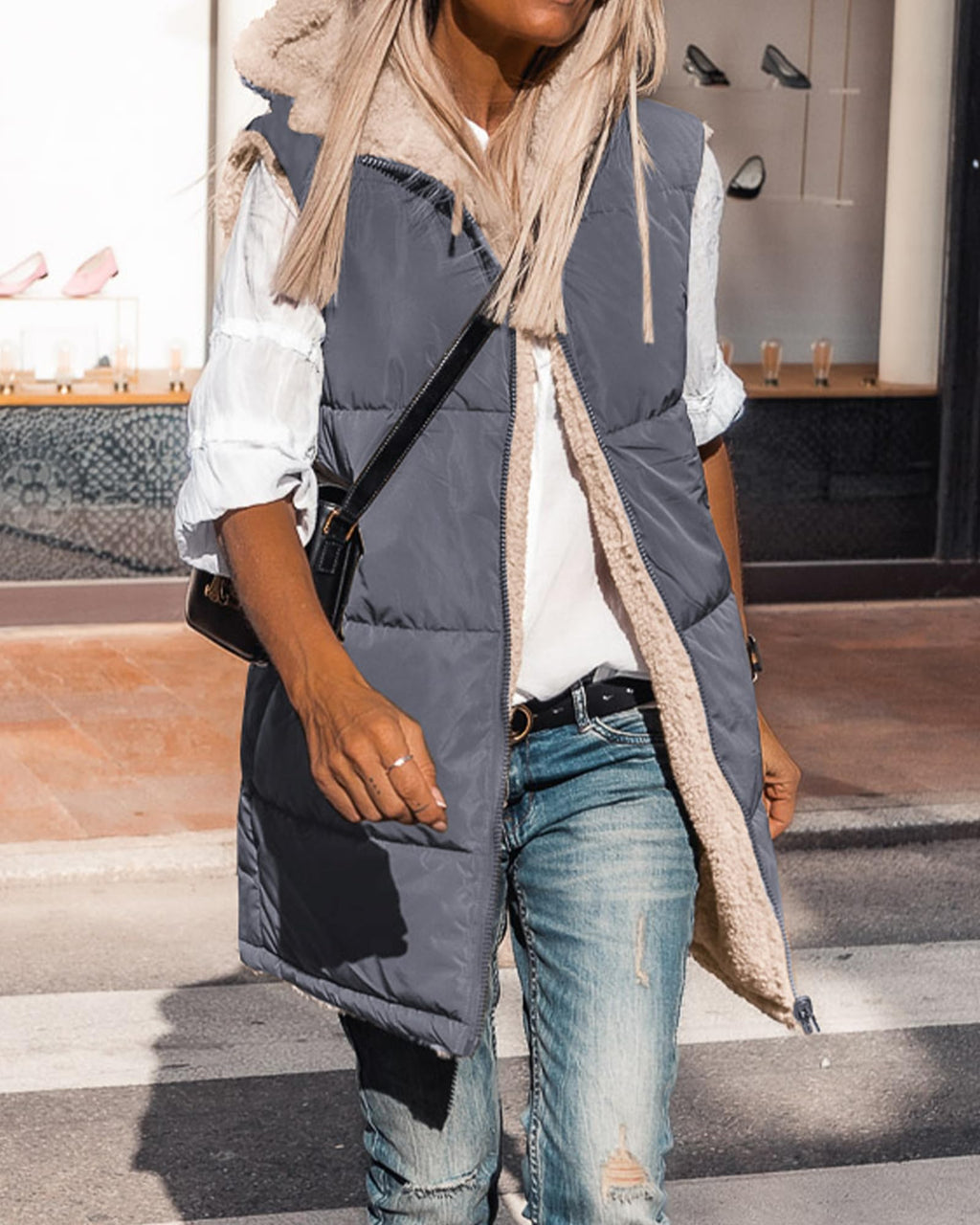 BTFBM Long Puffer Vest Women Fleece Sherpa Jacket Sleeveless Hooded Reversible Zip Up Winter Coat Fall Vests Outerwear