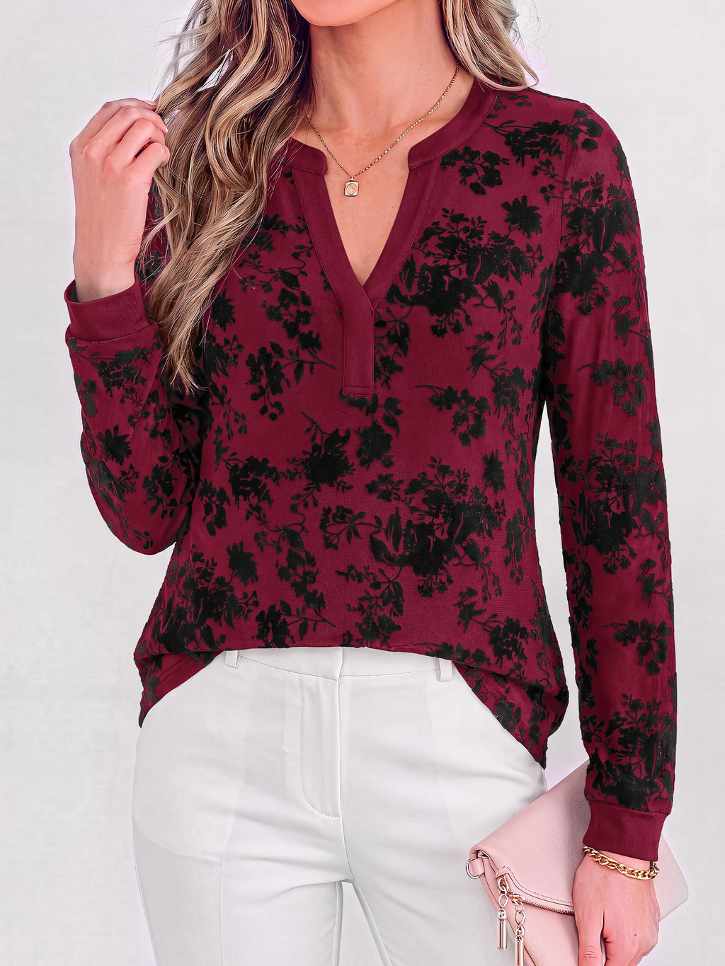 BTFBM Womens Tops Floral Sheer Mesh Long Sleeve Blouses Dressy Casual V Neck Flocked Mesh Shirts,Velvet-Like Flowers,Double Layered,Loose Fit Tunics,Business Casual Top,Fall Fashion Clothing
