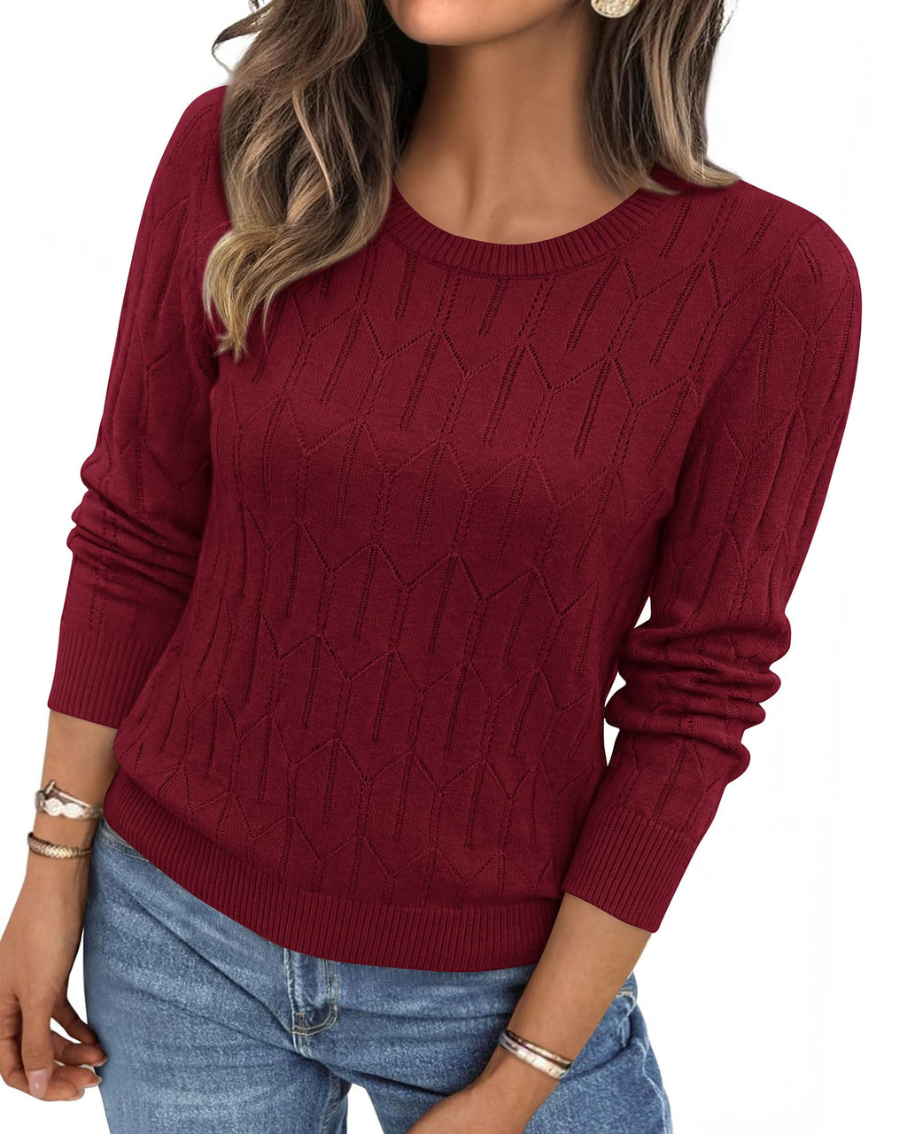 BTFBM Womens Sweaters Long Sleeve Crewneck Pullover Tops Dressy Casual Lightweight Knit Sweater,Small Hollow Out Boho Shirts, Fall Fashion,Winter Layer Basic Clothes,Business Casual Outfits