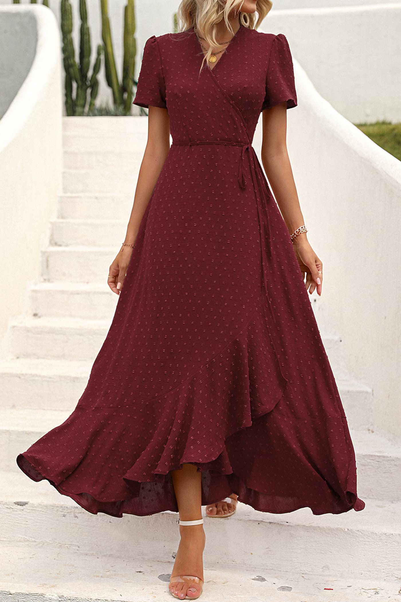 PRETTYGARDEN Women's Boho Floral Maxi Dress Summer Short Sleeve Wrap V Neck Long Flowy Beach Vacation Wedding Guest Dresses