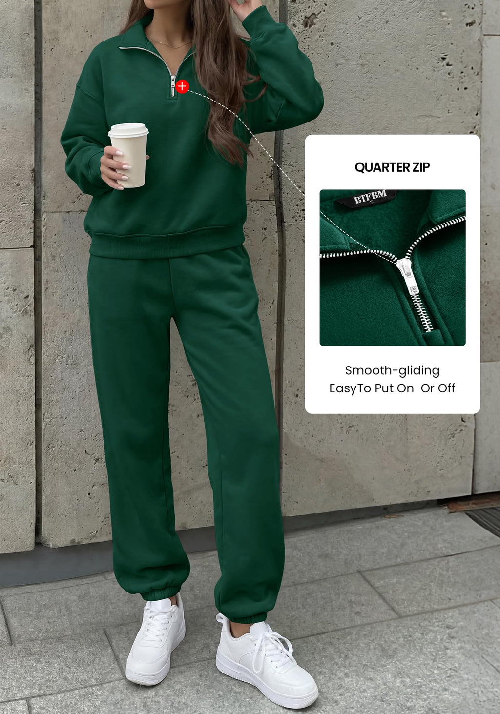 BTFBM Womens 2 Piece Outfits Sweatsuit Fleece Lounge Sets Quarter Zip Pullover Sweatshirt,Baggy Jogger Sweatpants,Fall Fashion Clothing,Airport Travel Matching Sweat Set