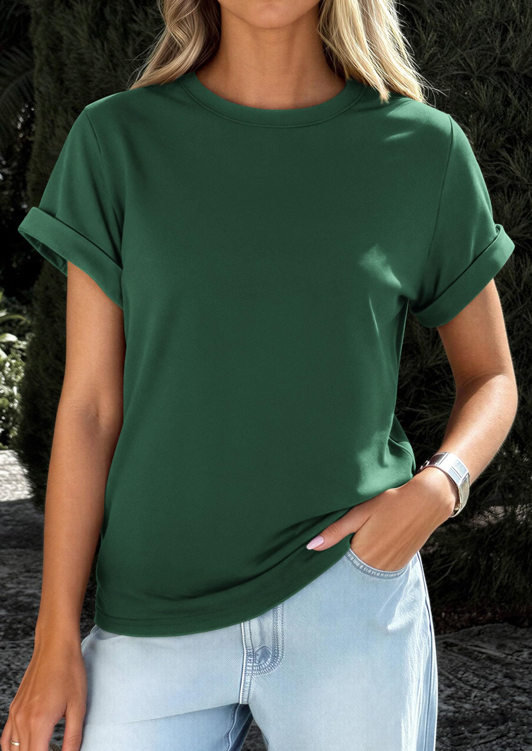 PRETTYGARDEN Womens Summer Tops Spring Casual Rolled Short Sleeve Basic Tees Crew Neck Work Shirts Fashion Clothing