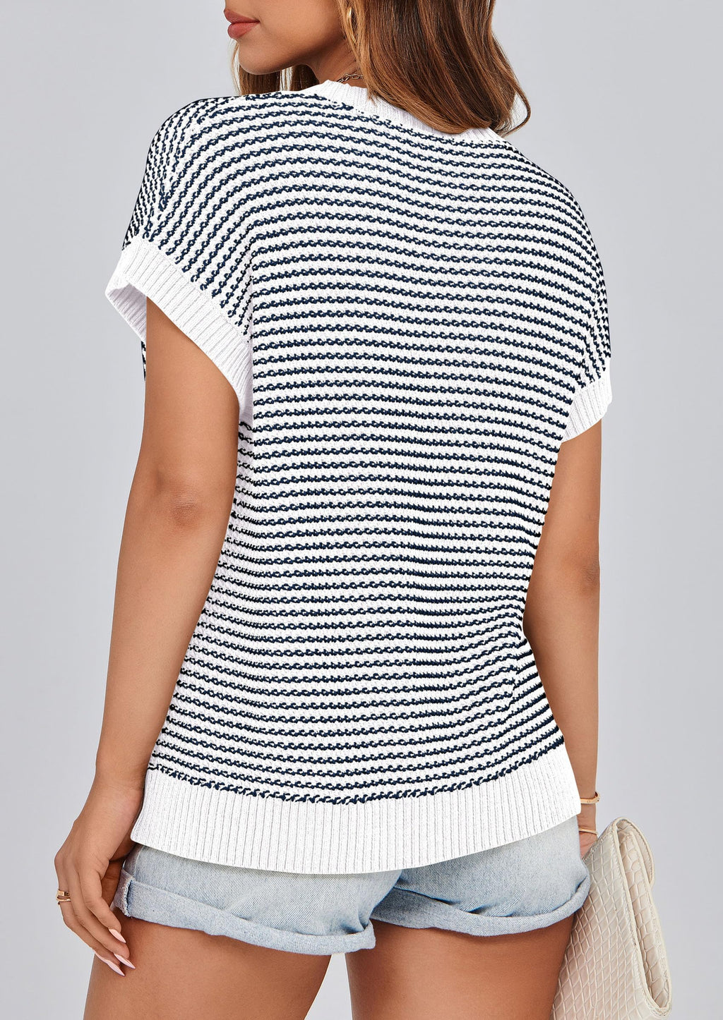 PRETTYGARDEN Womens Short Sleeve Sweater Spring Summer Round Neck Striped Pullover Cap Sleeve Knit Sweater Vest Tops