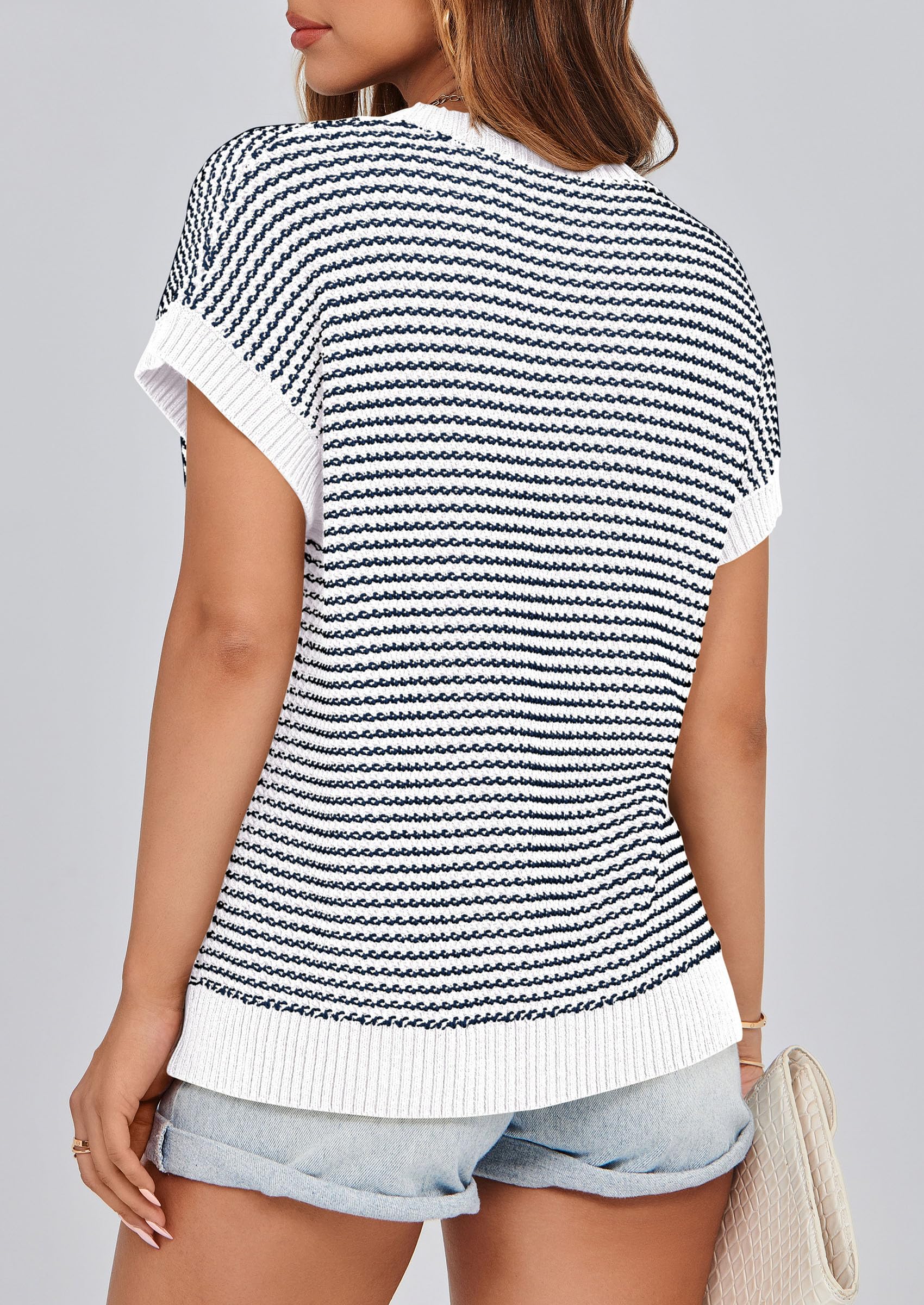 PRETTYGARDEN Womens Short Sleeve Sweater Spring Summer Round Neck Striped Pullover Cap Sleeve Knit Sweater Vest Tops