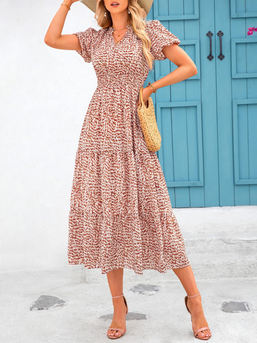 PRETTYGARDEN Summer Maxi Dresses for Women  Casual V Neck Puff Short Sleeve Smocked Flowy Beach Boho Long Floral Dress