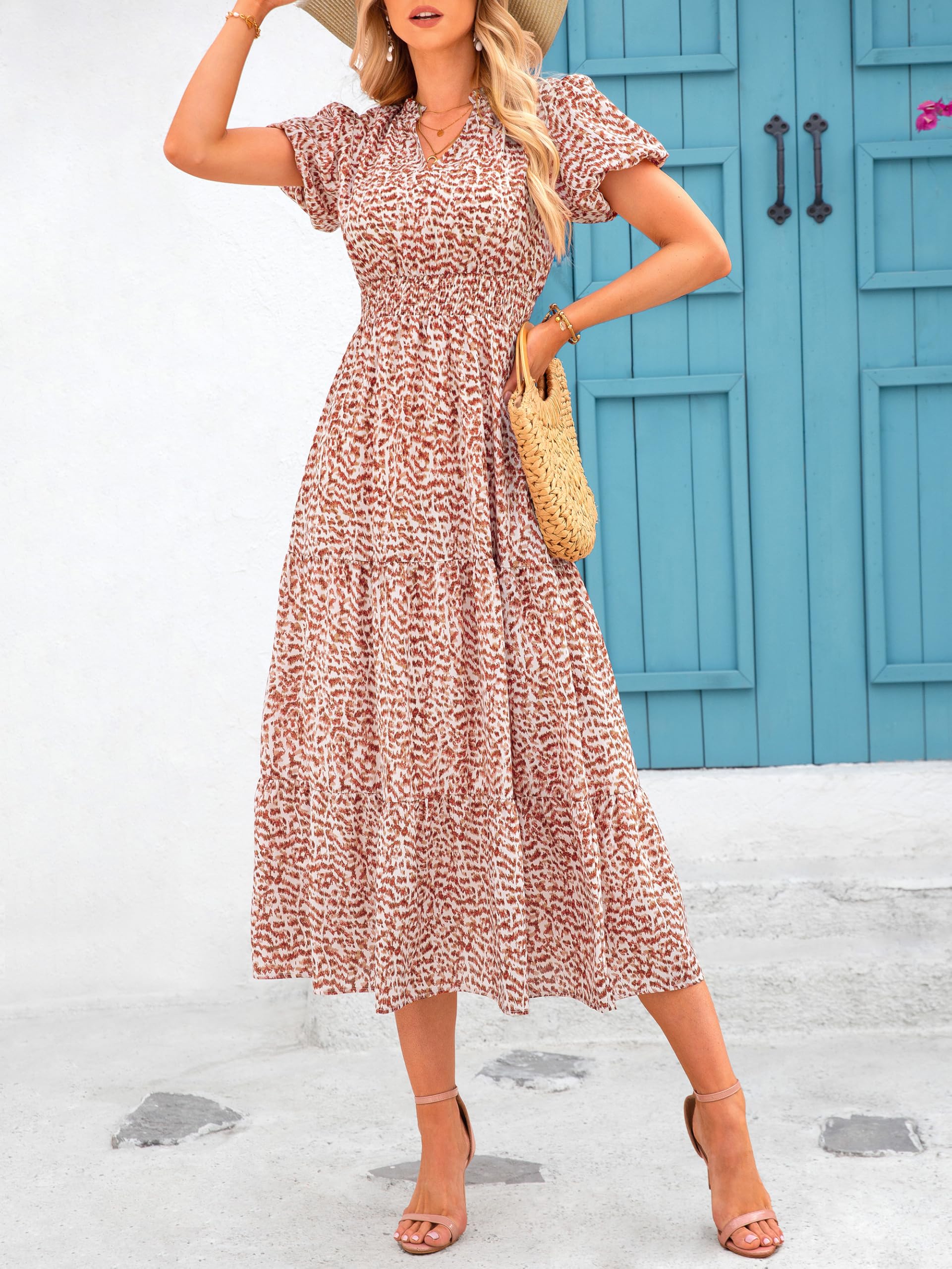 PRETTYGARDEN Summer Maxi Dresses for Women  Casual V Neck Puff Short Sleeve Smocked Flowy Beach Boho Long Floral Dress