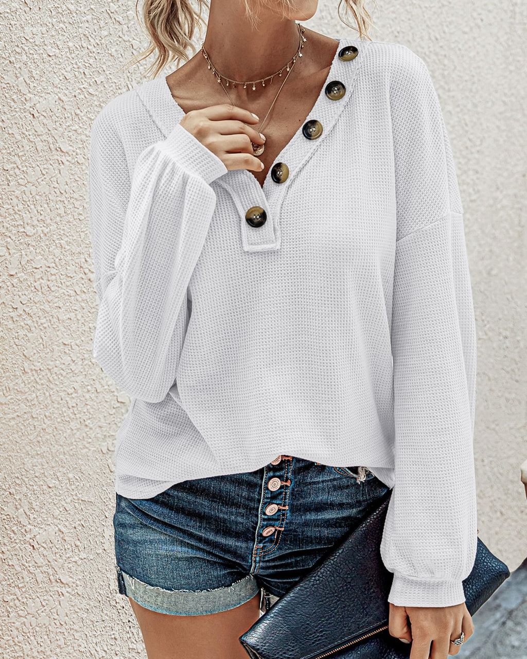 FreshPretty Womens Fall Fashion Long Sleeve Shirts Spring V Neck Loose Casual Deco Button Lightweight Waffle Knit Tops