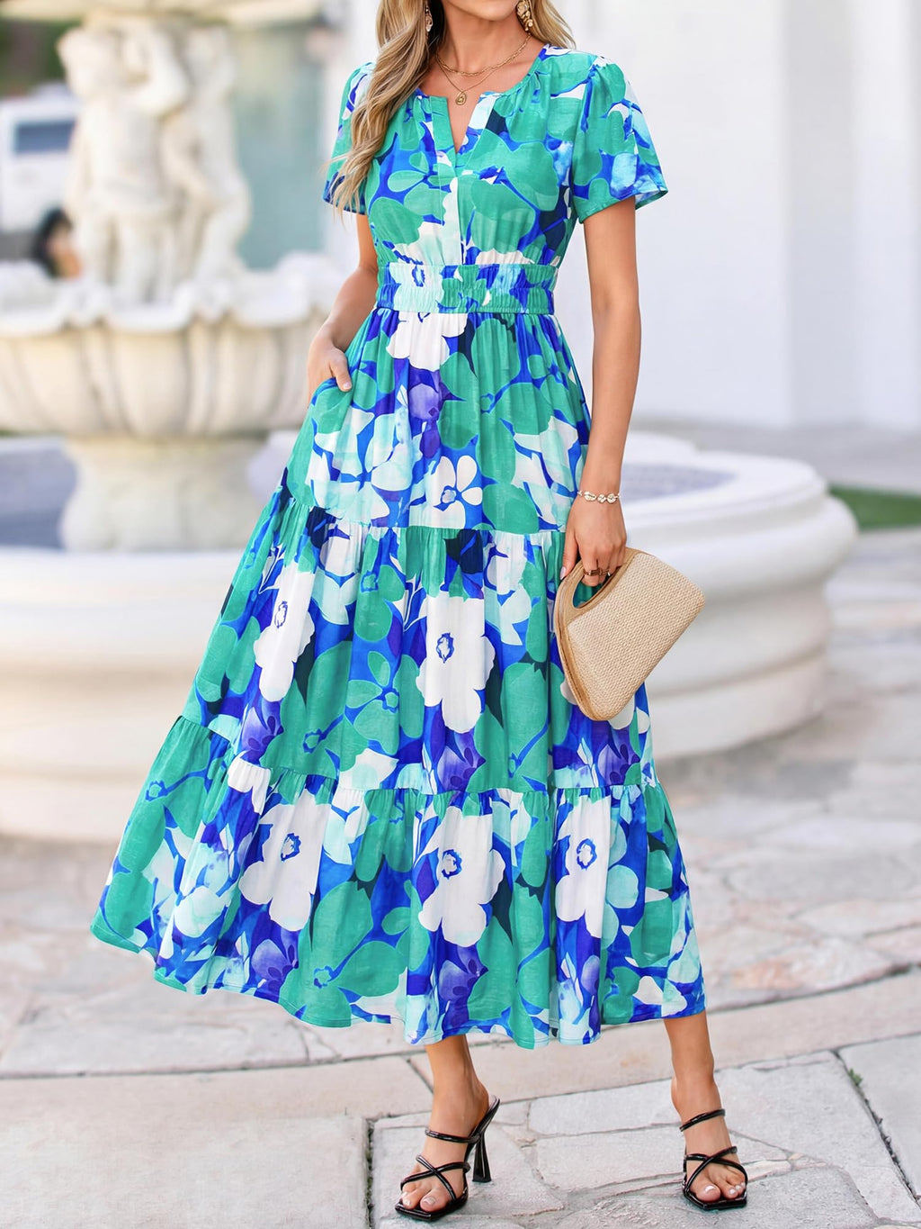 BTFBM Womens Summer Floral Maxi Dresses V Neck Short Sleeve Boho Casual Flowy Long Wedding Guest Dress Beach Vacation