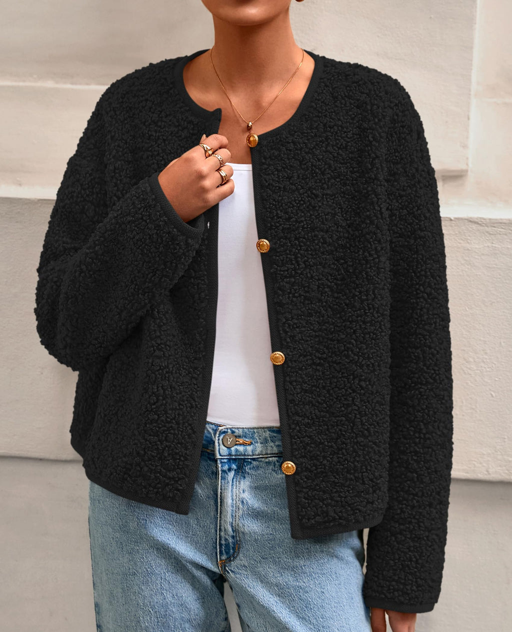 PRETTYGARDEN Women's Fall Fashion Clothes Trendy Fleece Sherpa Cropped Jackets Buttons Warm Casual Winter Faux Fur Coats