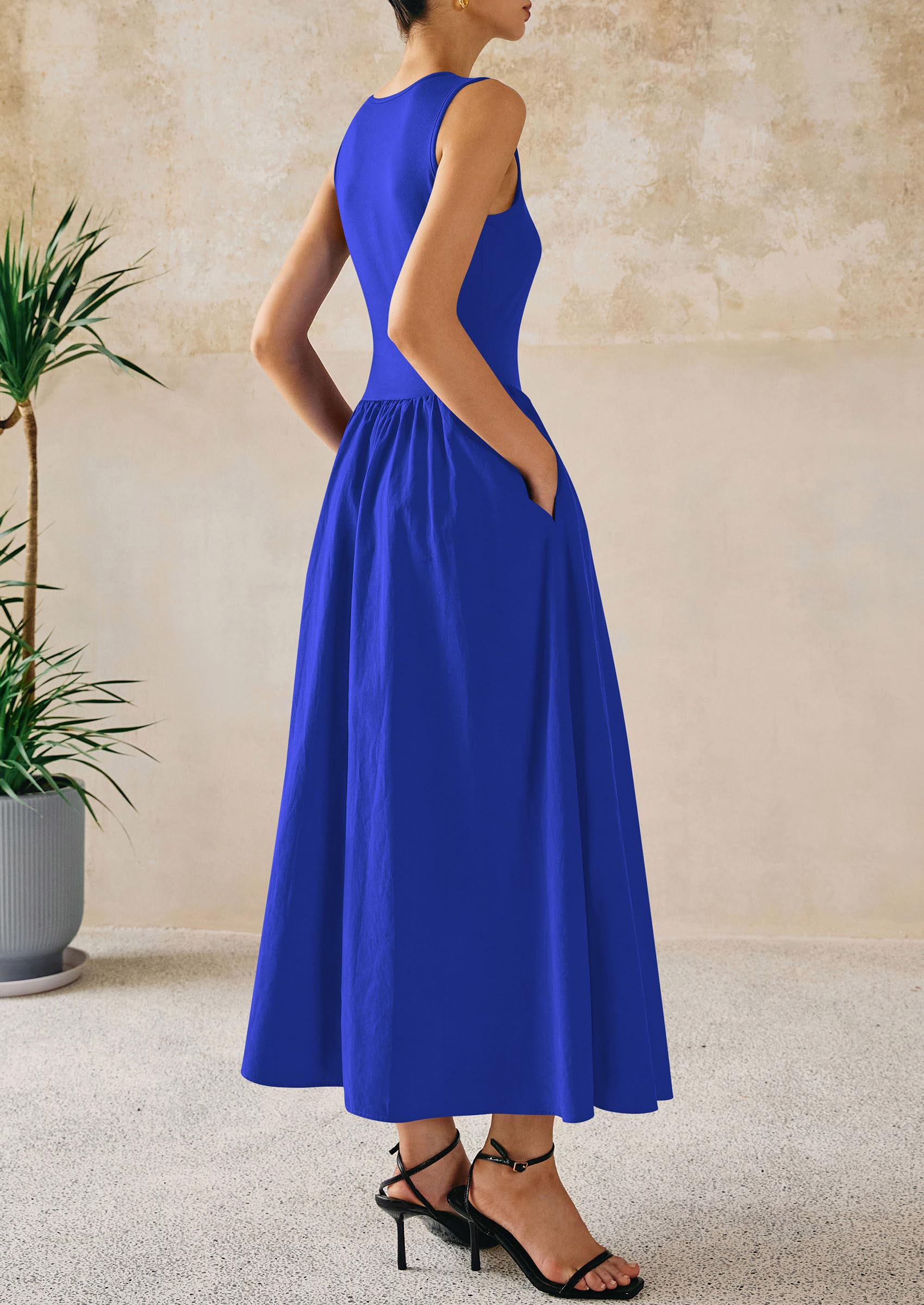 PRETTYGARDEN Maxi Dresses for Women Summer Casual Sleeveless Patchwork Flowy Vacation Sundress Knit Long Work Tank Dress
