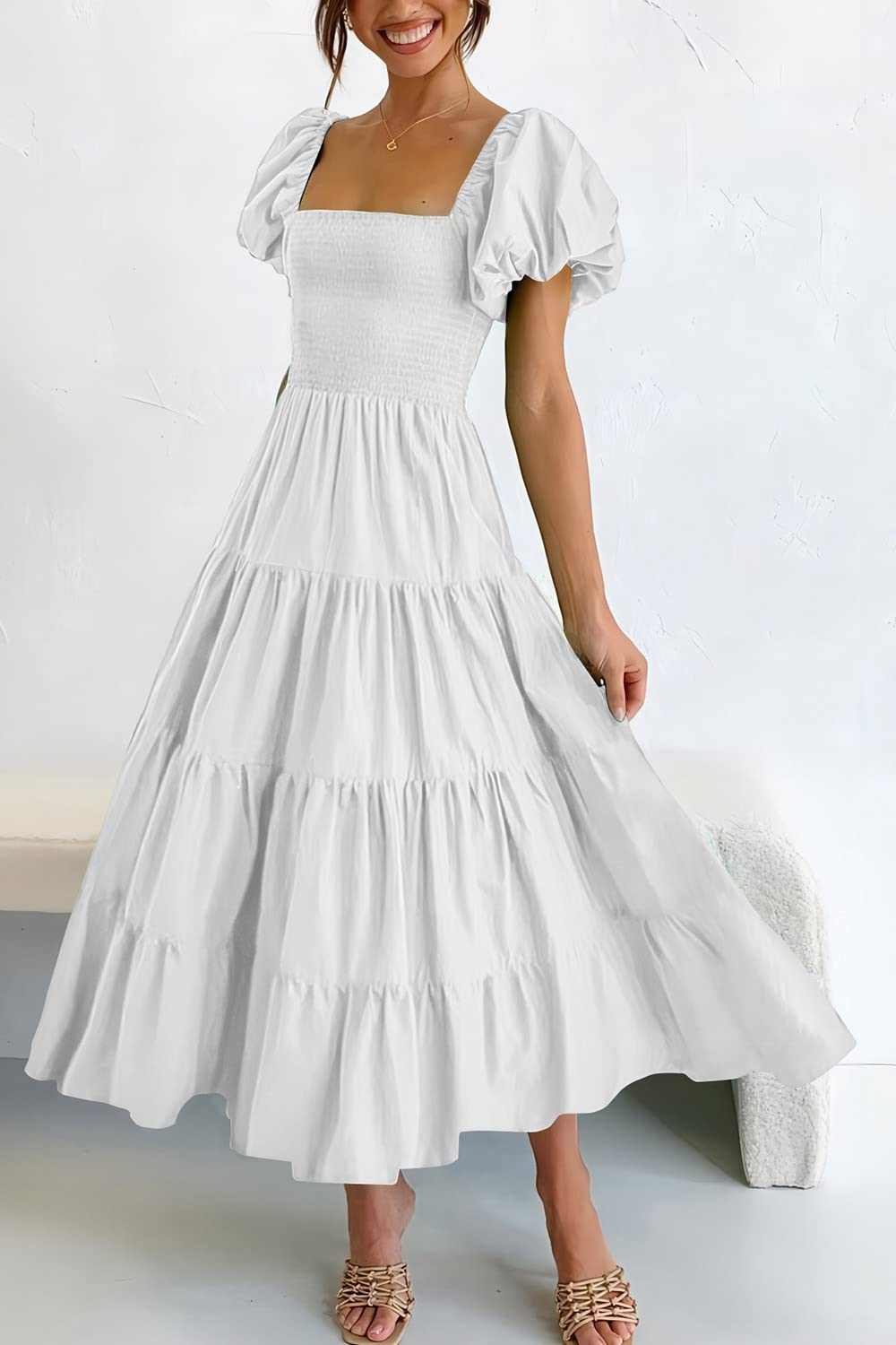 PRETTYGARDEN Women's Casual Summer Midi Dress Puffy Short Sleeve Square Neck Smocked Tiered Ruffle Dresses