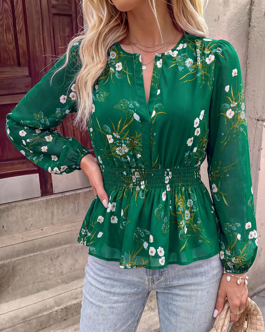 BTFBM Womens Tops Dressy Casual Floral V Neck Long Sleeve Chiffon Shirts | Chiffon Lantern Sleeve Flowy Peplum Sheer Top,Elastic Waist Babydoll Blouses,Boho Vacation Outfits,Fall Fashion Clothing