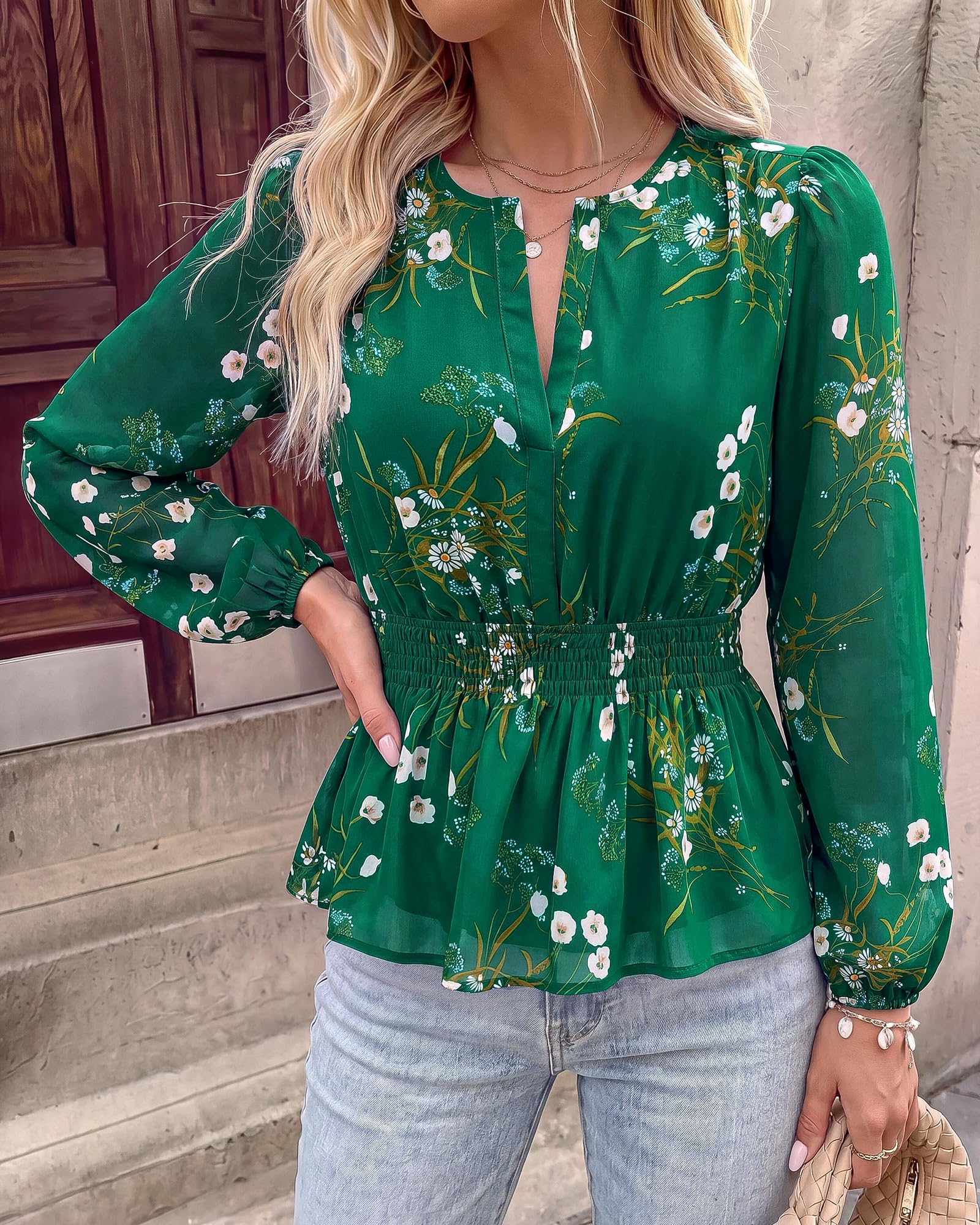 BTFBM Womens Tops Dressy Casual Floral V Neck Long Sleeve Chiffon Shirts | Chiffon Lantern Sleeve Flowy Peplum Sheer Top,Elastic Waist Babydoll Blouses,Boho Vacation Outfits,Fall Fashion Clothing