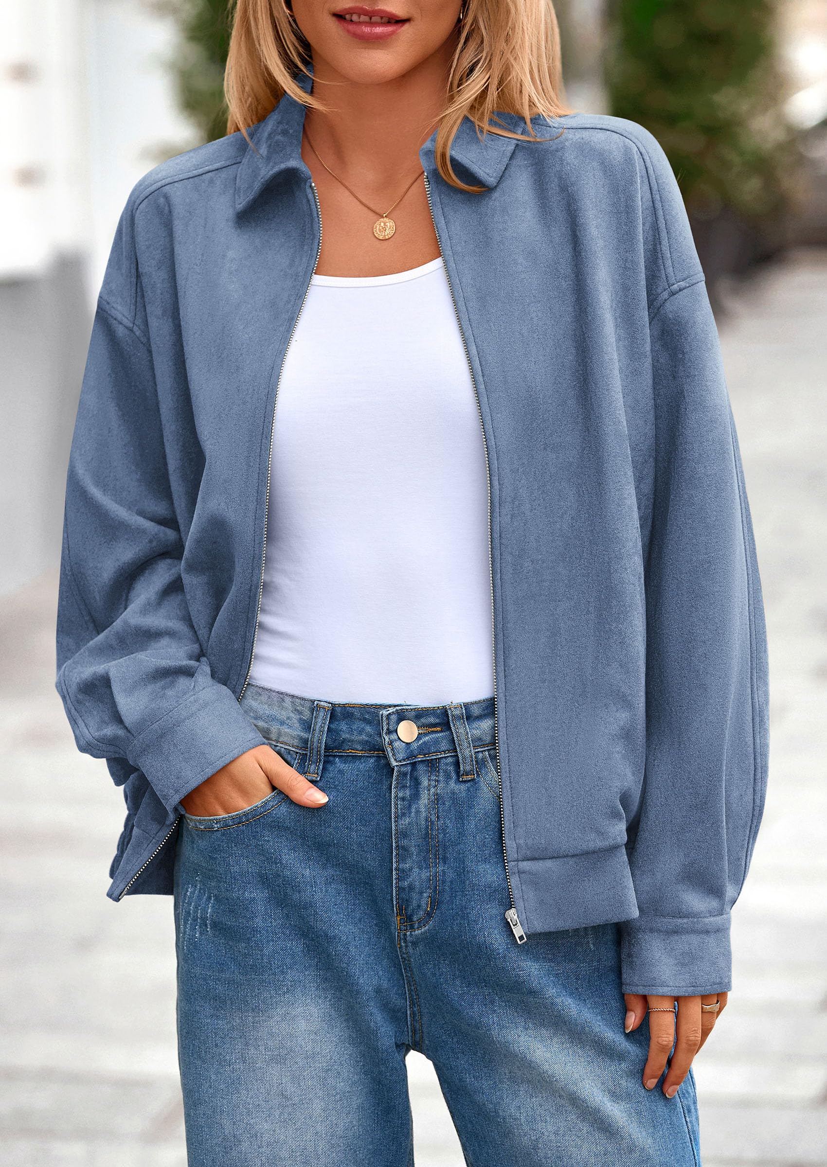 PRETTYGARDEN Faux Suede Bomber Jacket Women Fall Fashion Casual Zip Up Oversized Trendy Winter Clothing Outerwear Coats