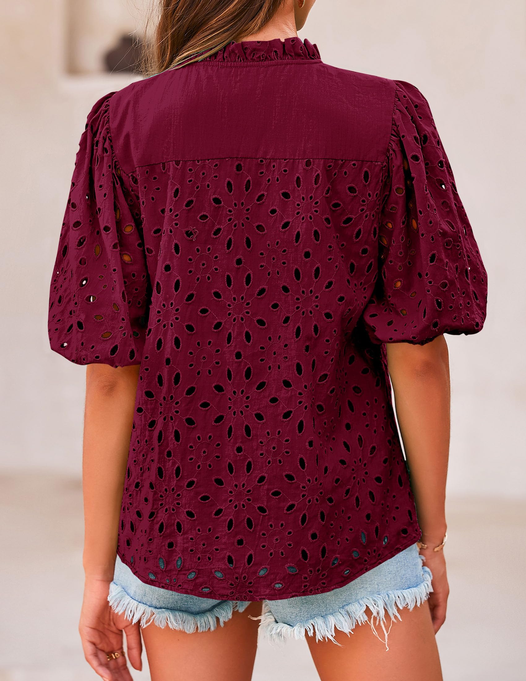 PRETTYGARDEN Women's Summer Tops Dressy Casual Short Sleeve V Neck Buttons Hollow Out Lace Embroidered Blouses Shirts