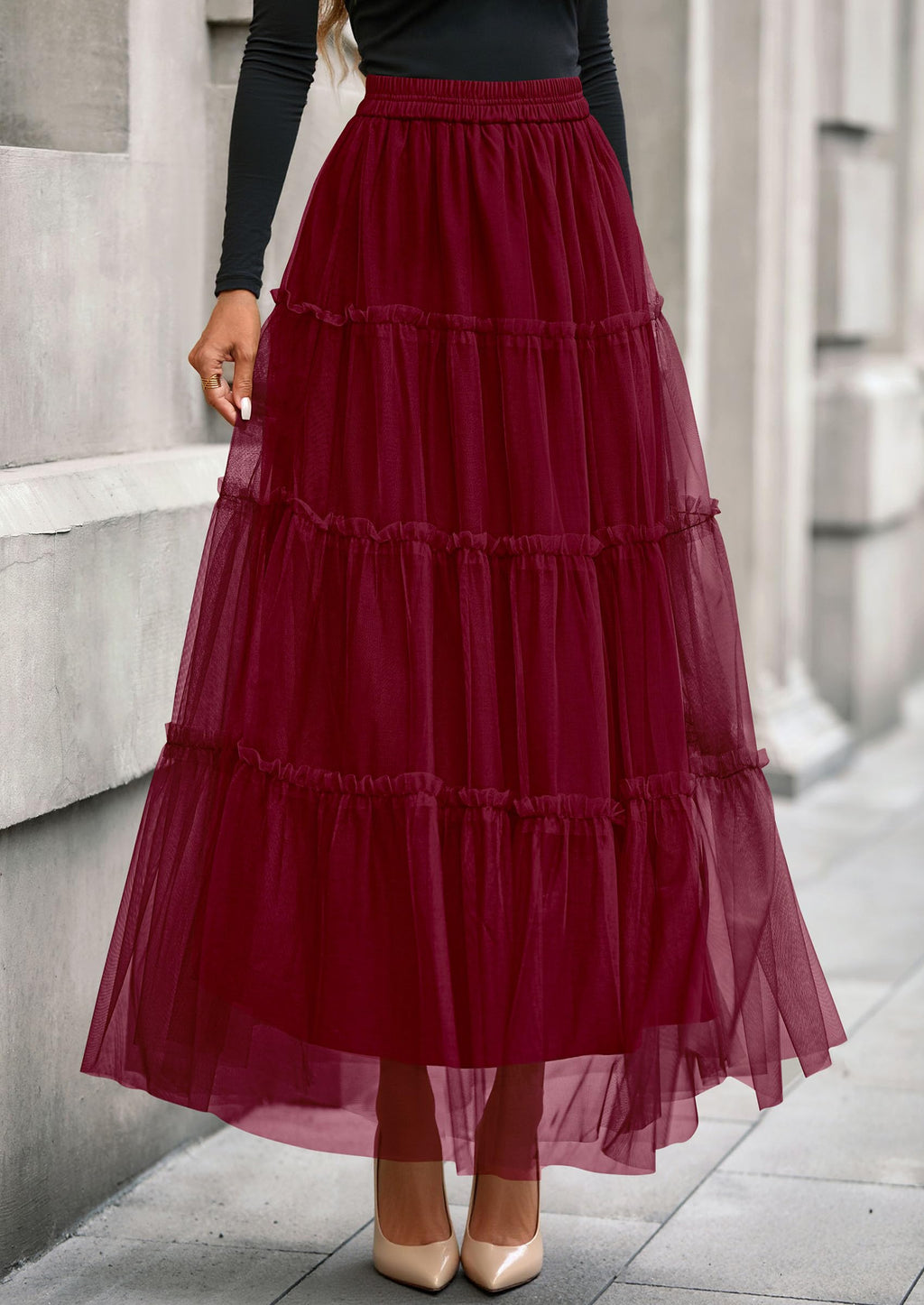PRETTYGARDEN Tulle Skirts for Women Fall Fashion Elastic High Waisted Fairy Tiered Flowy A-Line Casual Maxi Long Skirt