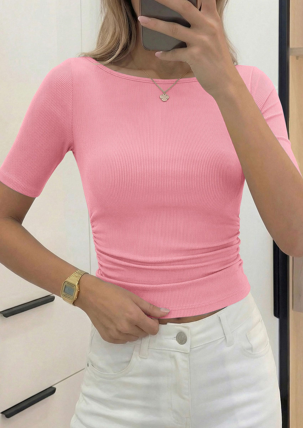 PRETTYGARDEN Womens Summer Short Sleeve Tops Boat Neck Ribbed Knit Slim Fit T Shirt Casual Basic Top Spring Clothes