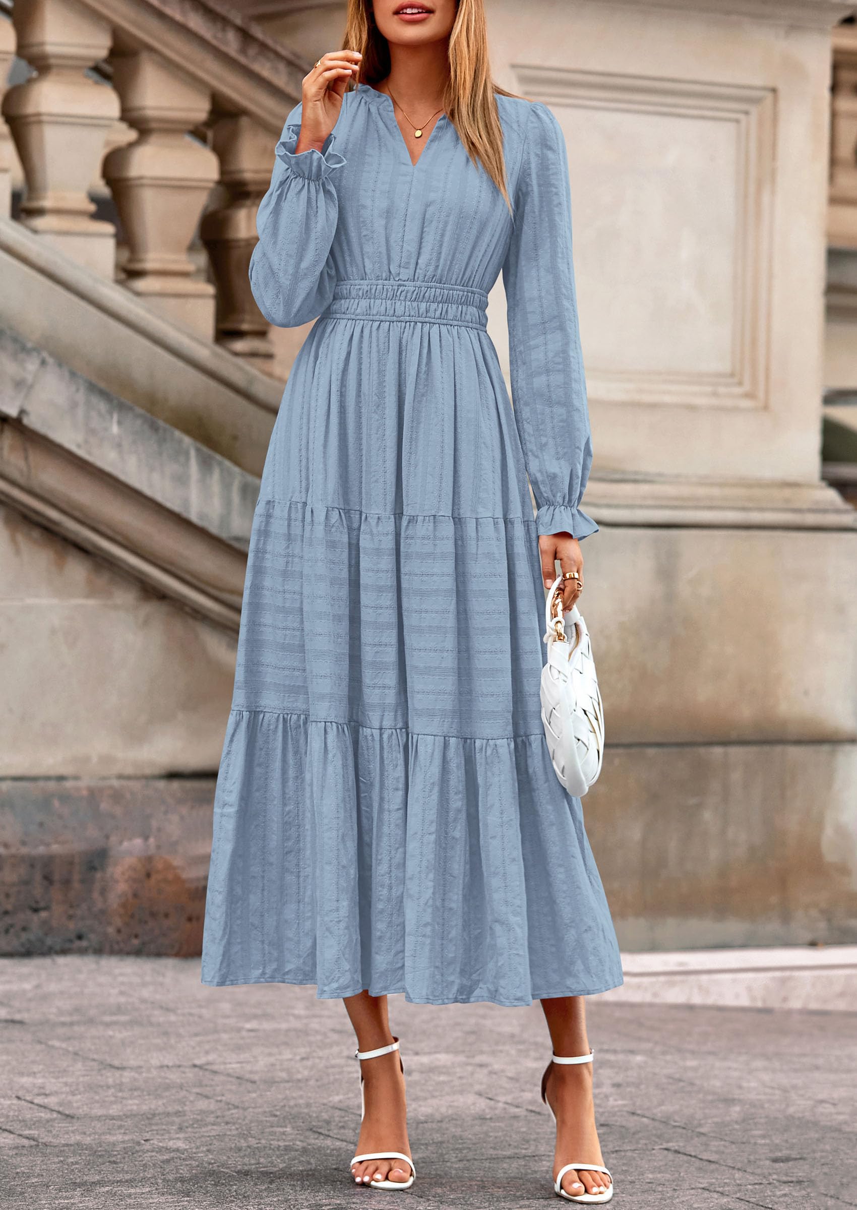 PRETTYGARDEN Women's Fall Wedding Guest Dresses Long Sleeve V Neck Flowy Elegant Holiday Party Maxi Dress with Pockets