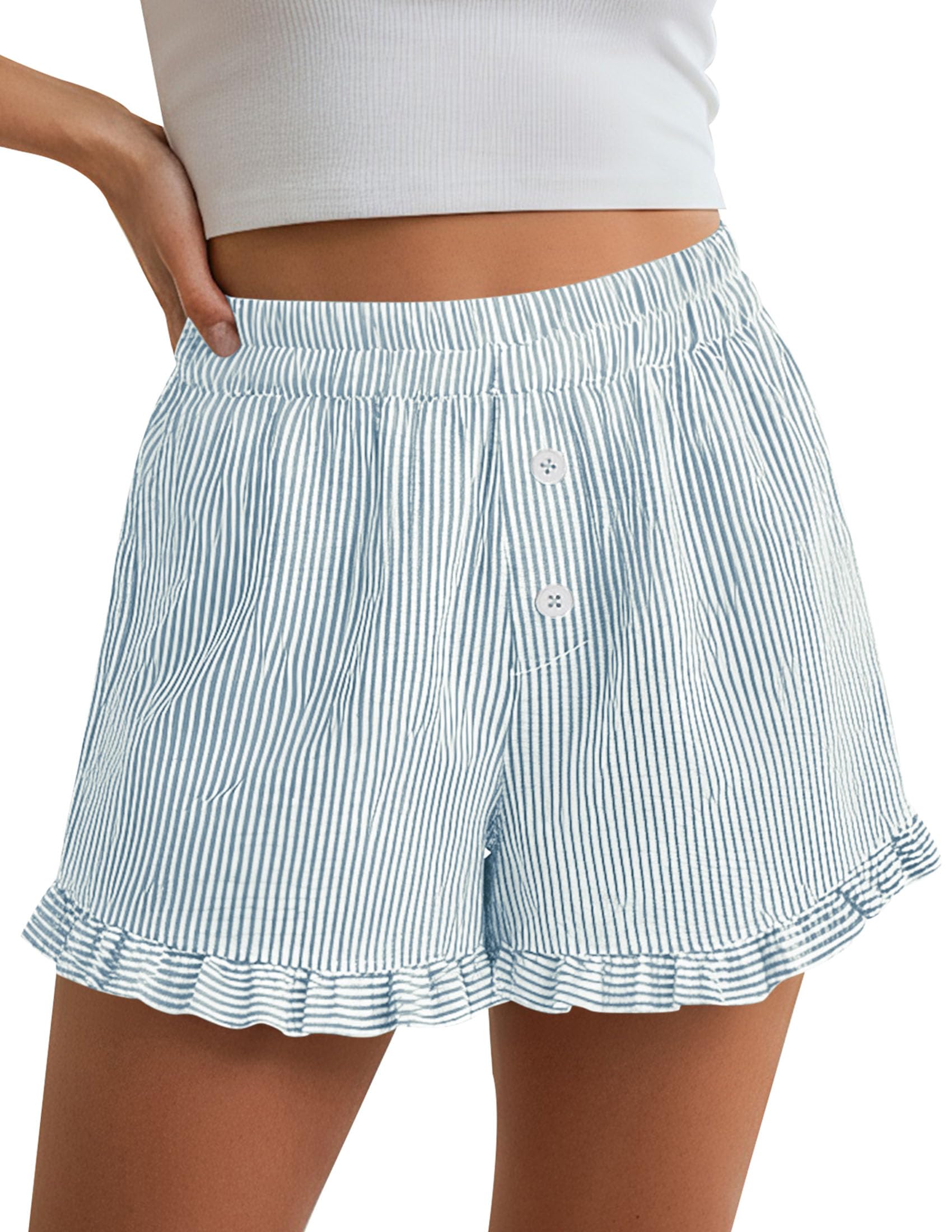 PRETTYGARDEN Womens Boxer Shorts Y2K Ruffle Pajama Summer Spring Lounge Sleep Striped Casual Beach Pj Bottoms Pockets